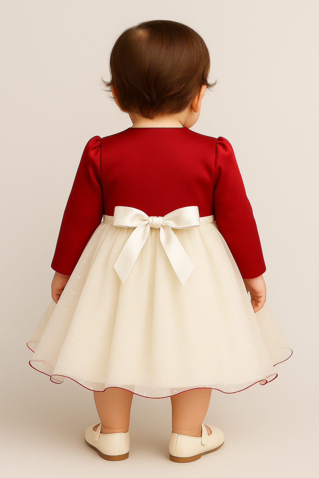 Baby Girls Wedding Cristening Bolero Dress - Cream - Red