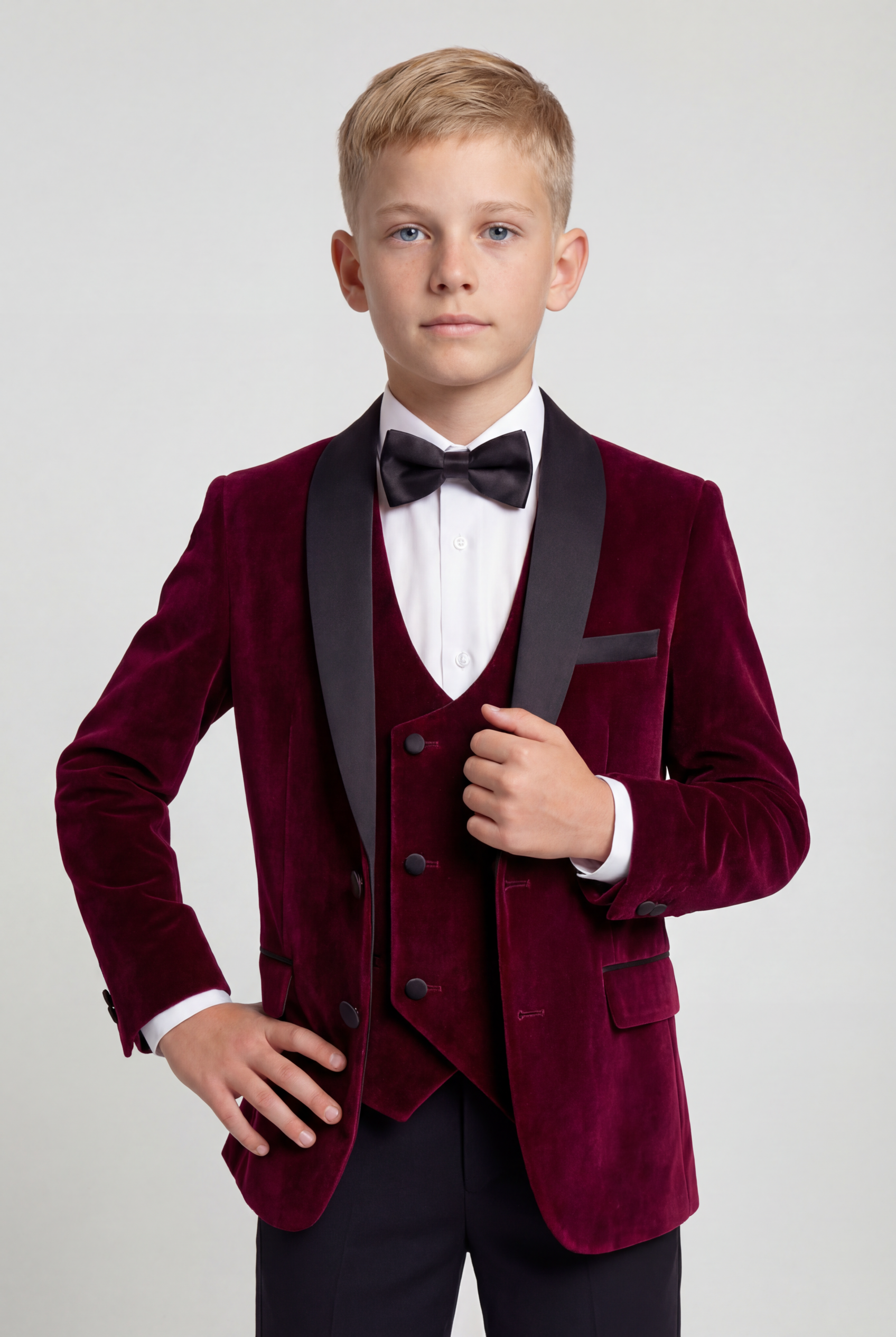 Erkek Çocuk Kadife Çift Sıralı Yelekli Smokin Takımı - Bordo
