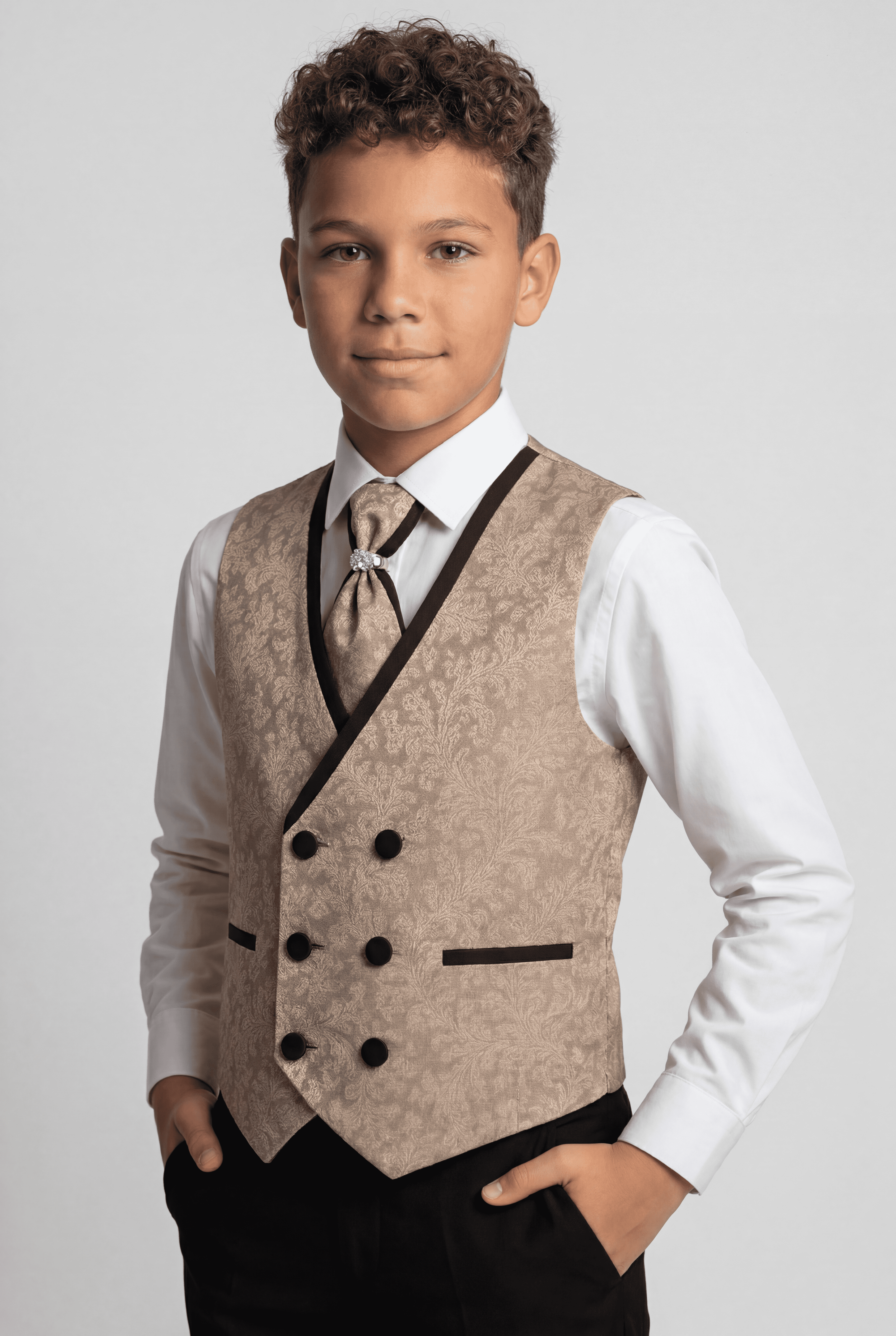 Ensemble gilet et cravate jacquard à motif cachemire 4 pièces pour garçon - Or