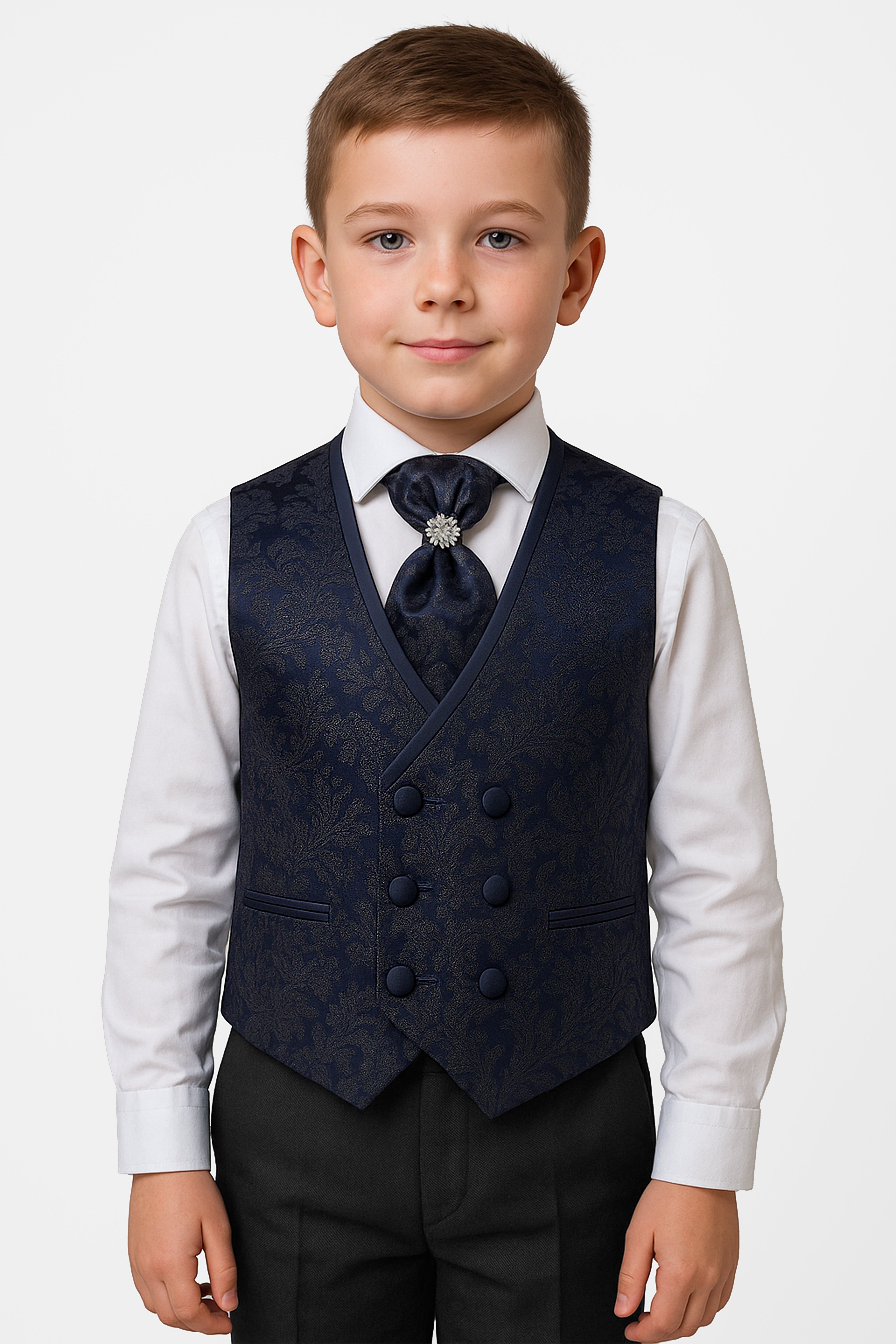 Boys 2-Piece Paisley Jacquard Waistcoat Cravat Set - Navy Blue Model Picture