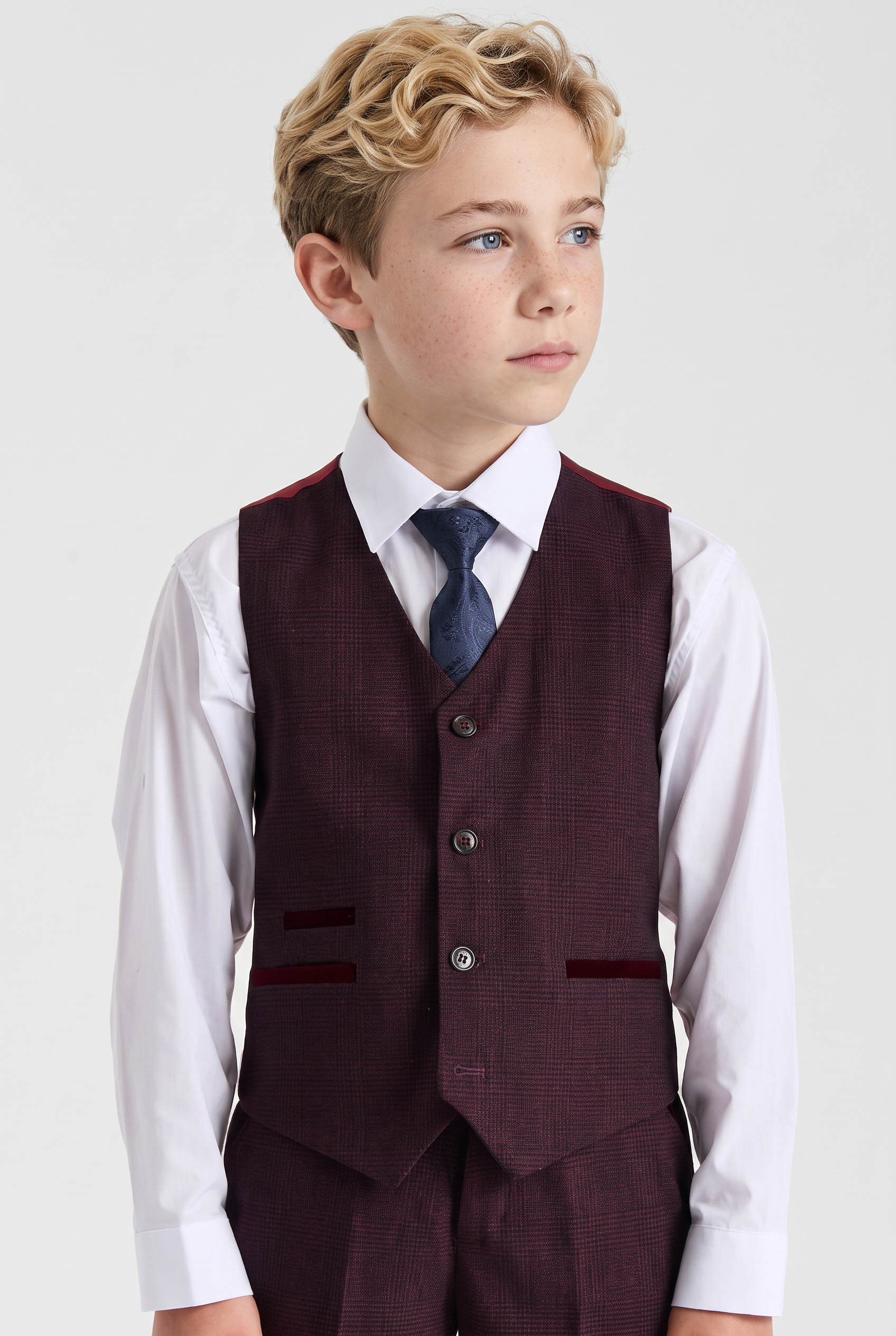 Boys 3-Piece Glen Check Tweed Formal Suit - Regent - Wine Burgundy Front Picture