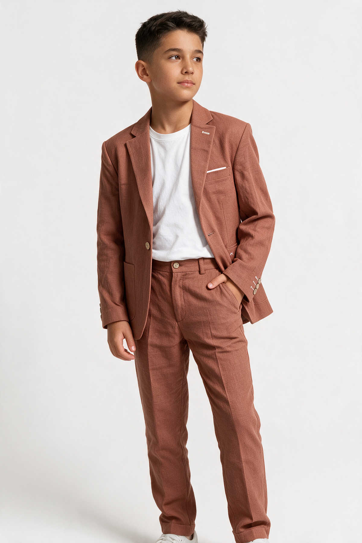 Boys 3-Piece Linen Casual Suit with T-Shirt - Keten - Cinnamon Brown Model Picture