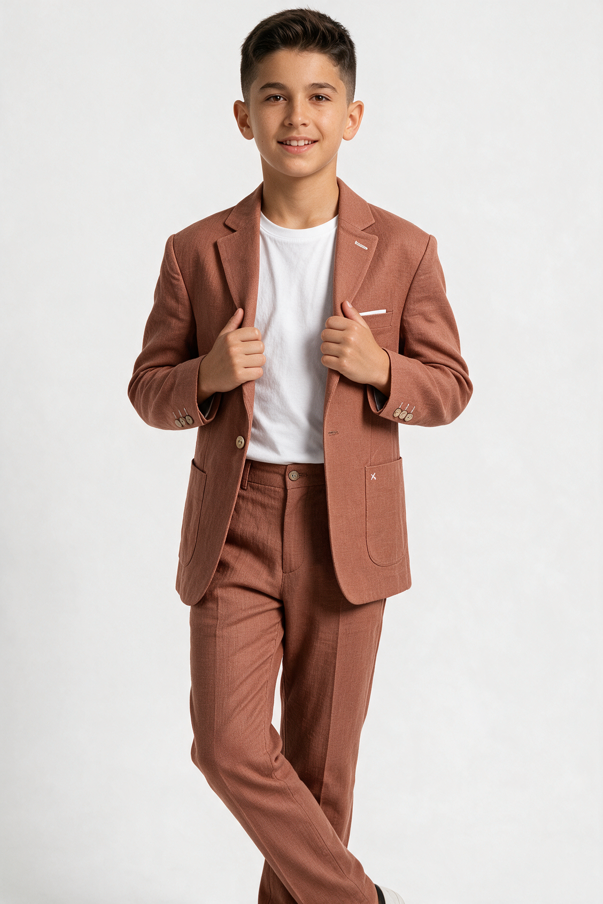 Boys 3-Piece Linen Casual Suit with T-Shirt - Keten - Cinnamon Brown Model Front Picture