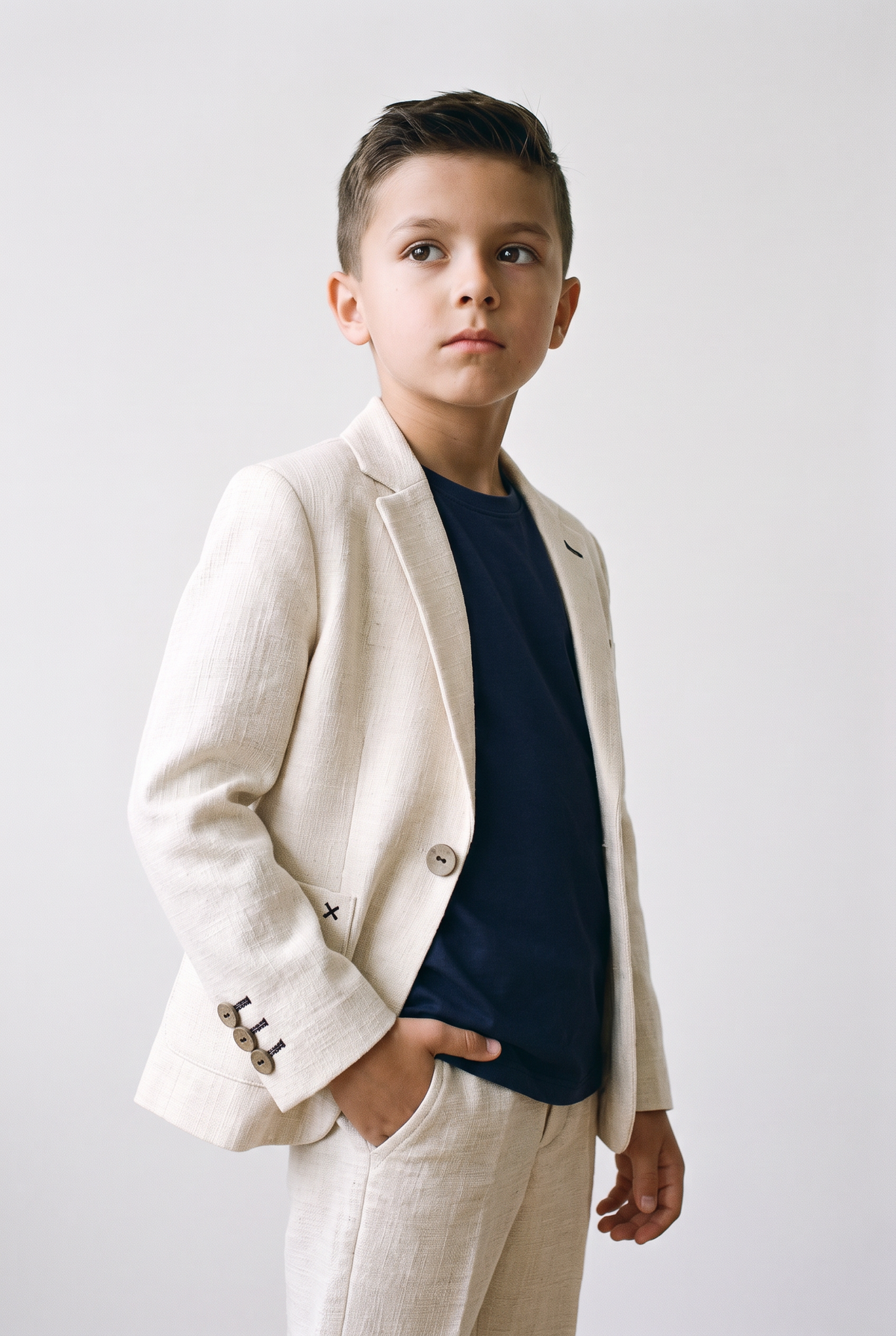 Boys 3-Piece Linen Casual Suit with T-Shirt - Keten - Cream Model Picture