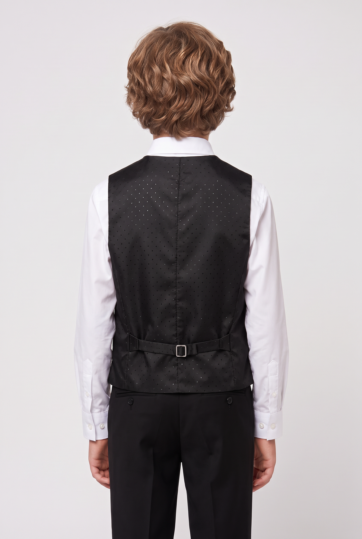 Boys 3-Piece Tuxedo Suit with Satin Notch Lapel - Romano Black Model Waistcoat back Picture