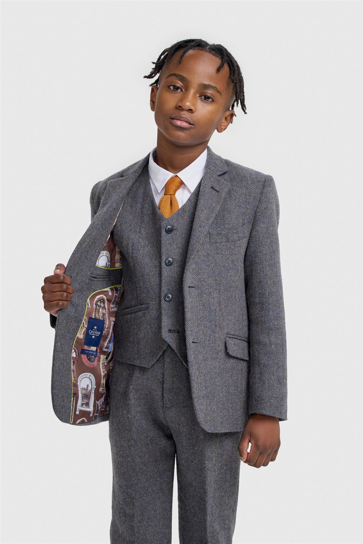 Traje de tweed de espiga de lana de 3 piezas para niños - Thomas - Gris Savoy