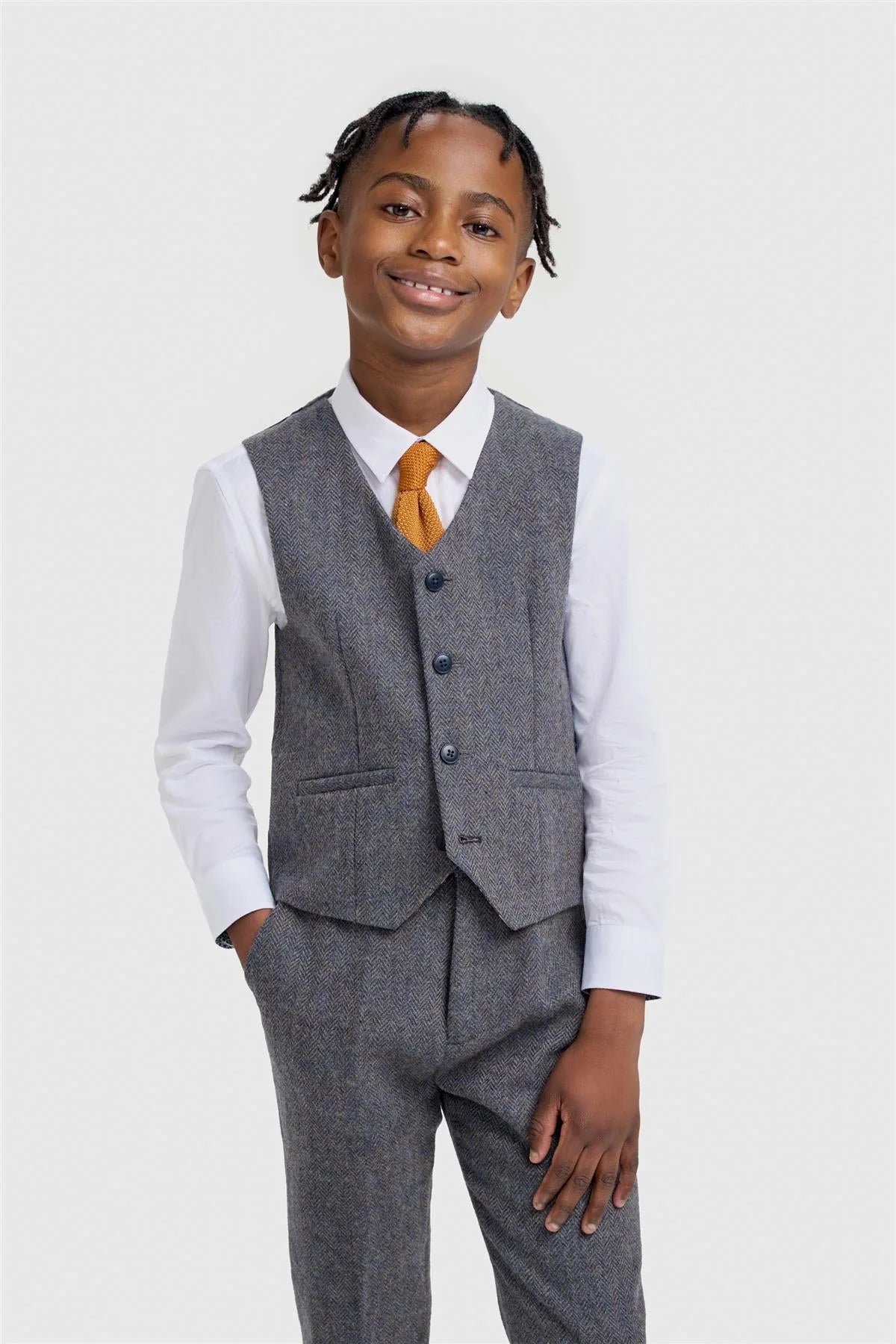 Traje de tweed de espiga de lana de 3 piezas para niños - Thomas - Gris Savoy