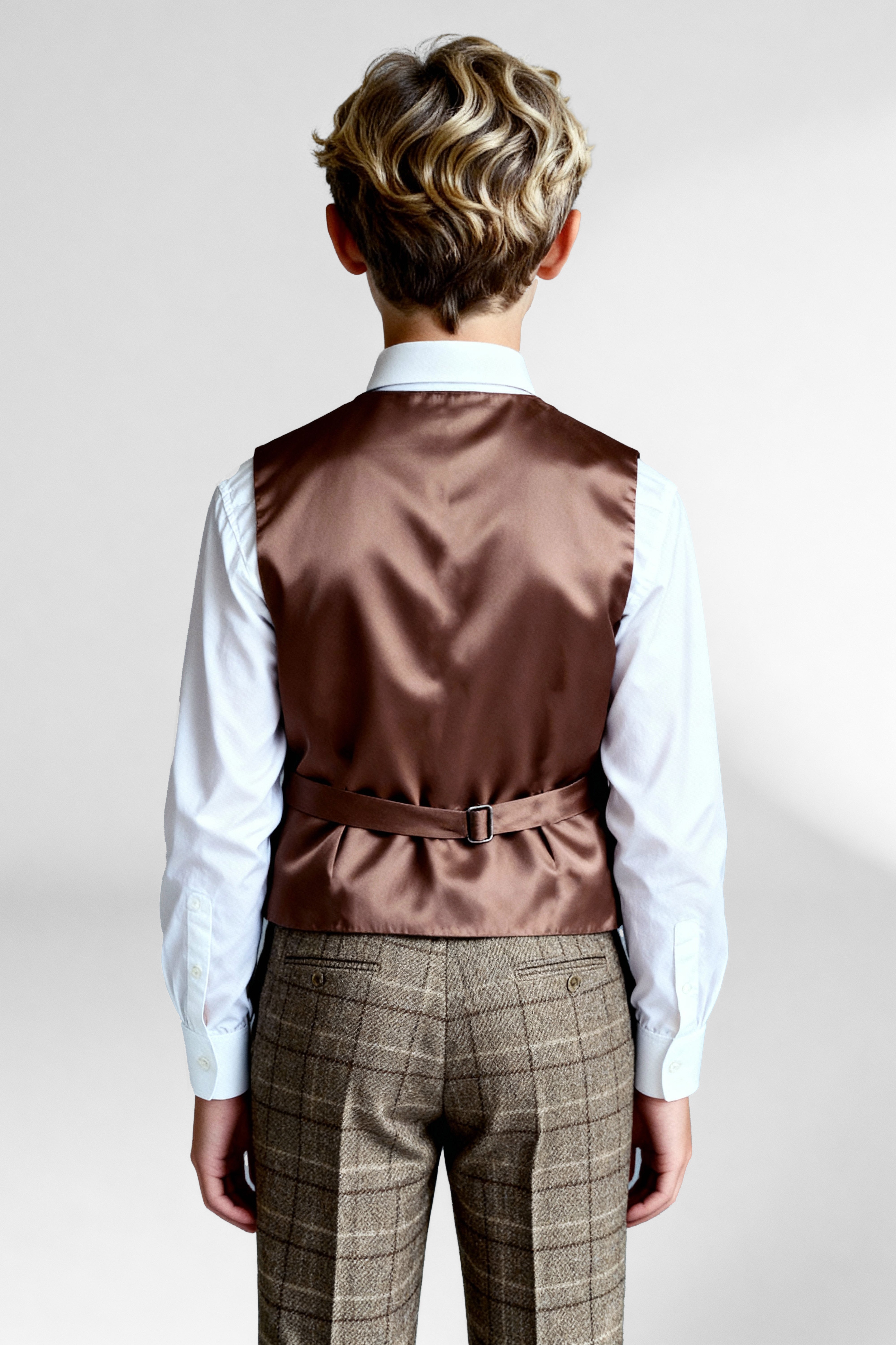 Boys 3-Piece Wool Tweed Windowpane Check Suit - Liam - Beige Waistcoat Model Back Picture