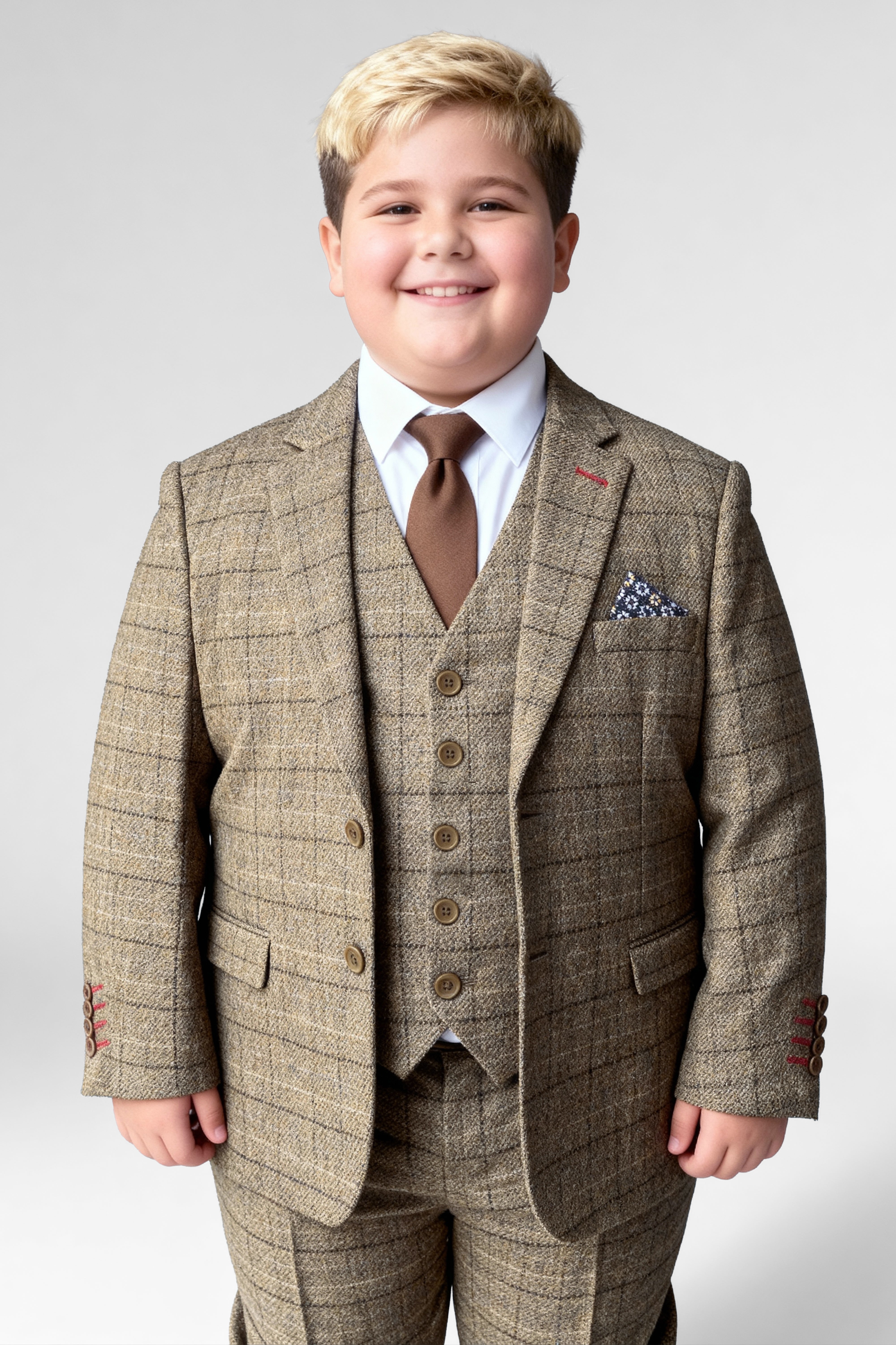 Boys 3-Piece Wool Tweed Windowpane Check Suit - Liam - Beige - Husky Size Model picture