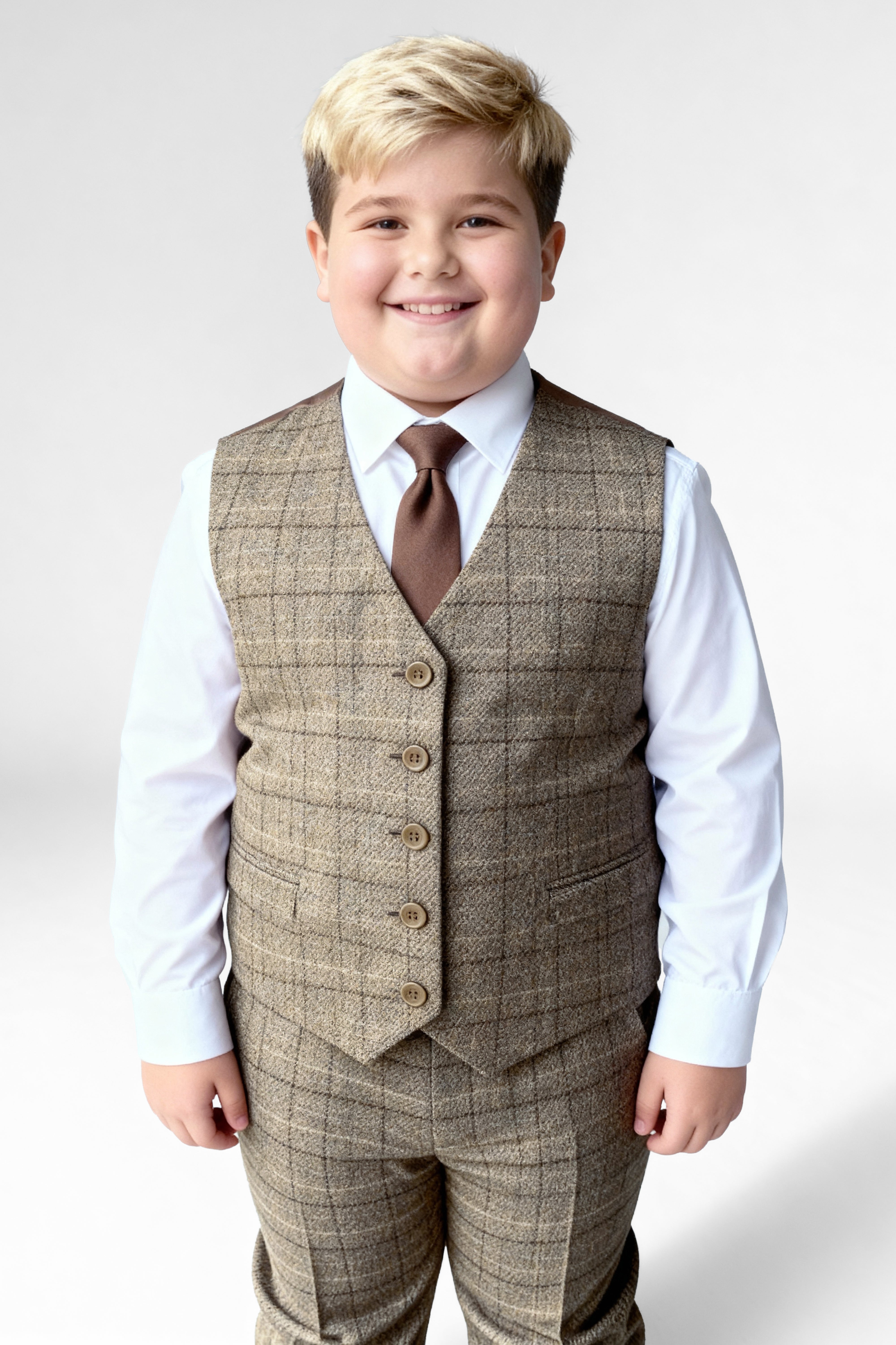 Boys 3-Piece Wool Tweed Windowpane Check Suit - Liam - Beige - Husky Size Waistcoat Model Picture