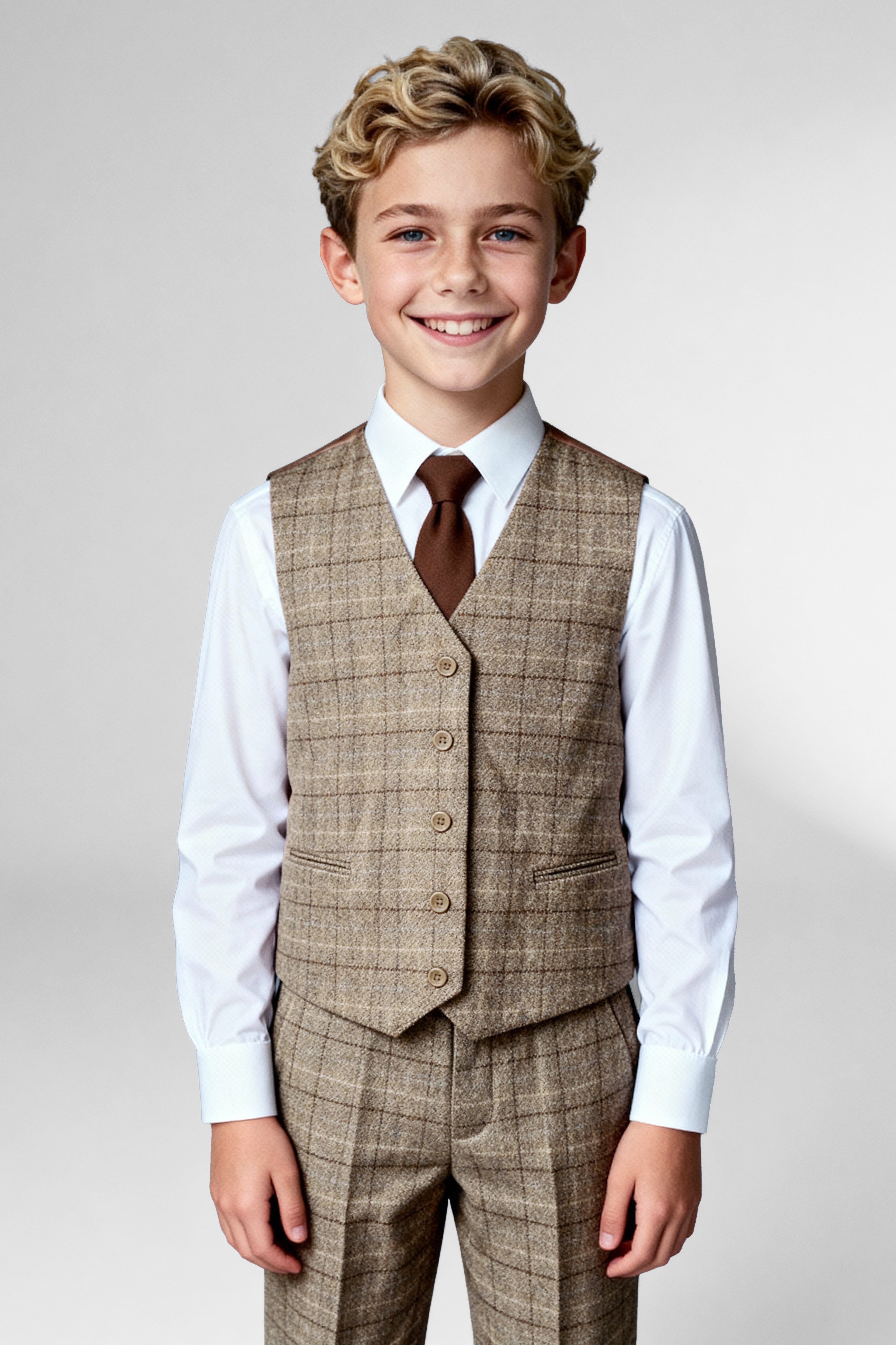 Boys 3-Piece Wool Tweed Windowpane Check Suit - Liam - Beige Waistcoat Model Picture