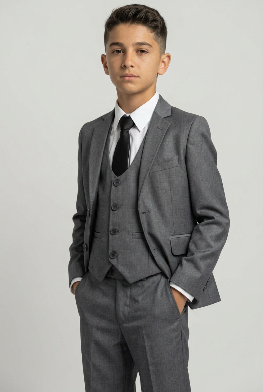Erkek Çocuk 3 Parça Slim Fit Takım Elbise Seti - Resmi Düğün Takımı - Oliver Gri