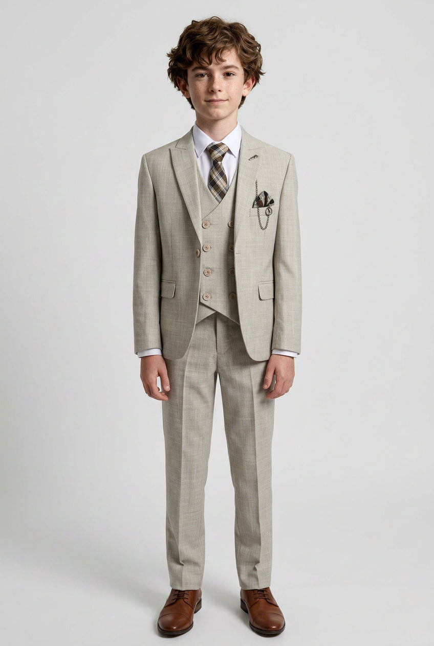 Costume slim fit garçon 3 pièces avec gilet croisé - Alfred Beige