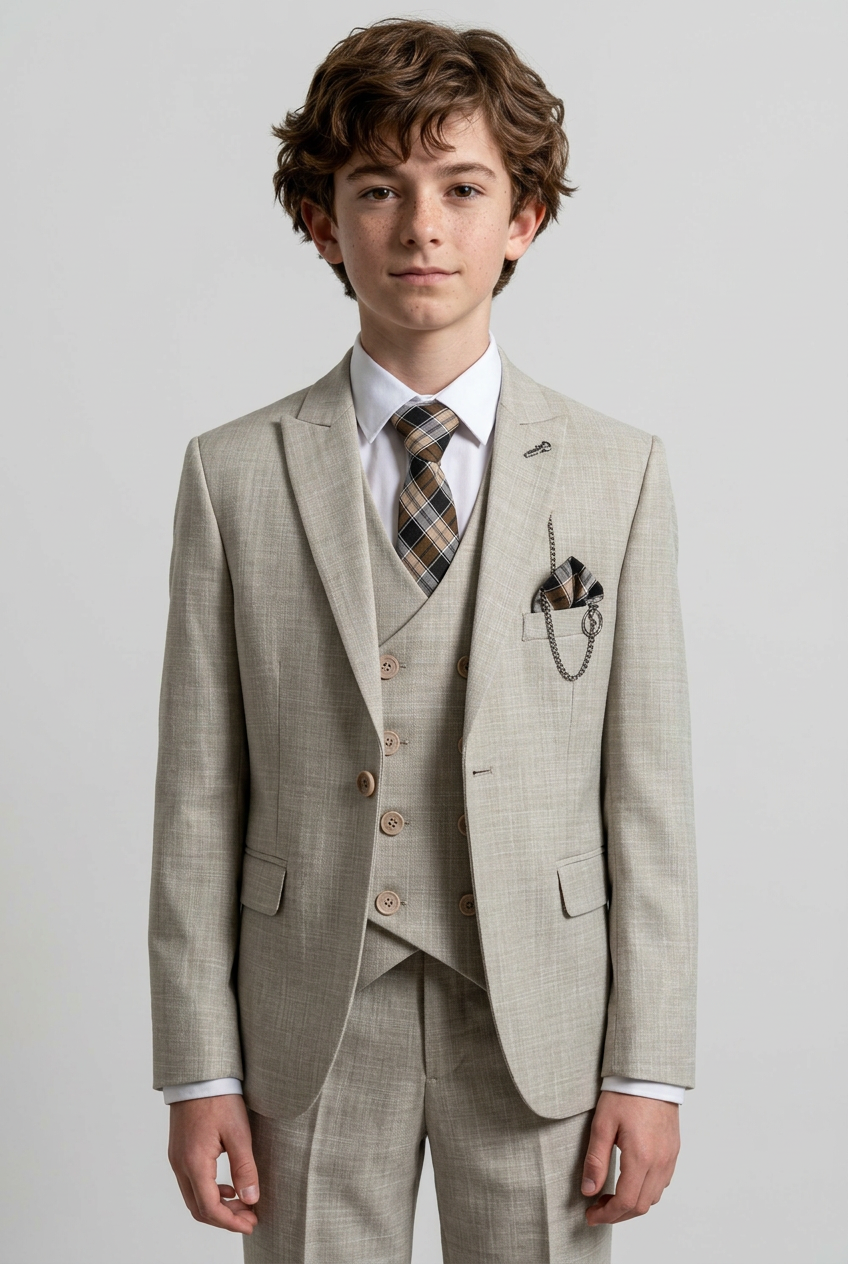 Costume slim fit garçon 3 pièces avec gilet croisé - Alfred Beige