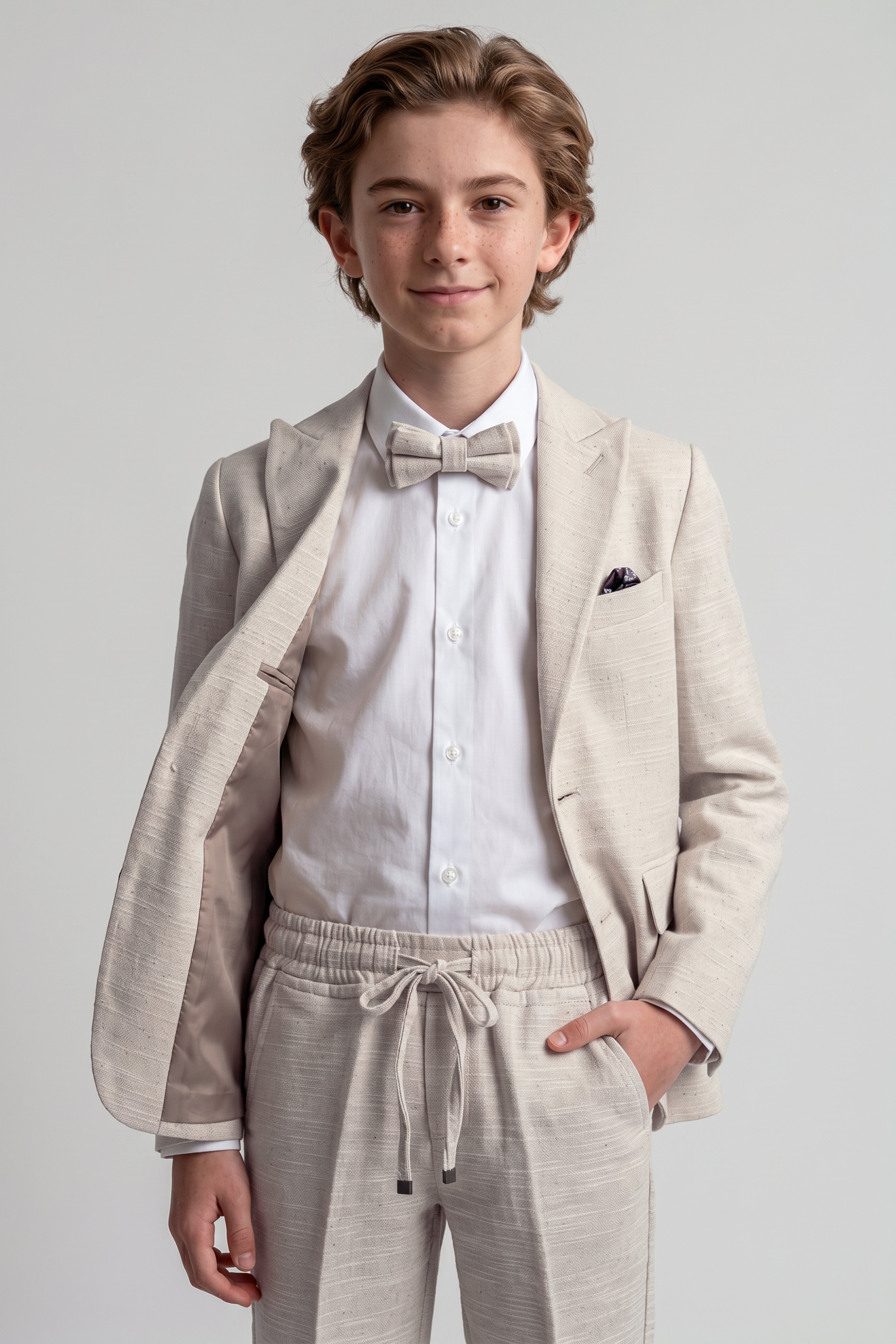 Boys 4-Piece Cotton Casual Suit - Beige Model Picture