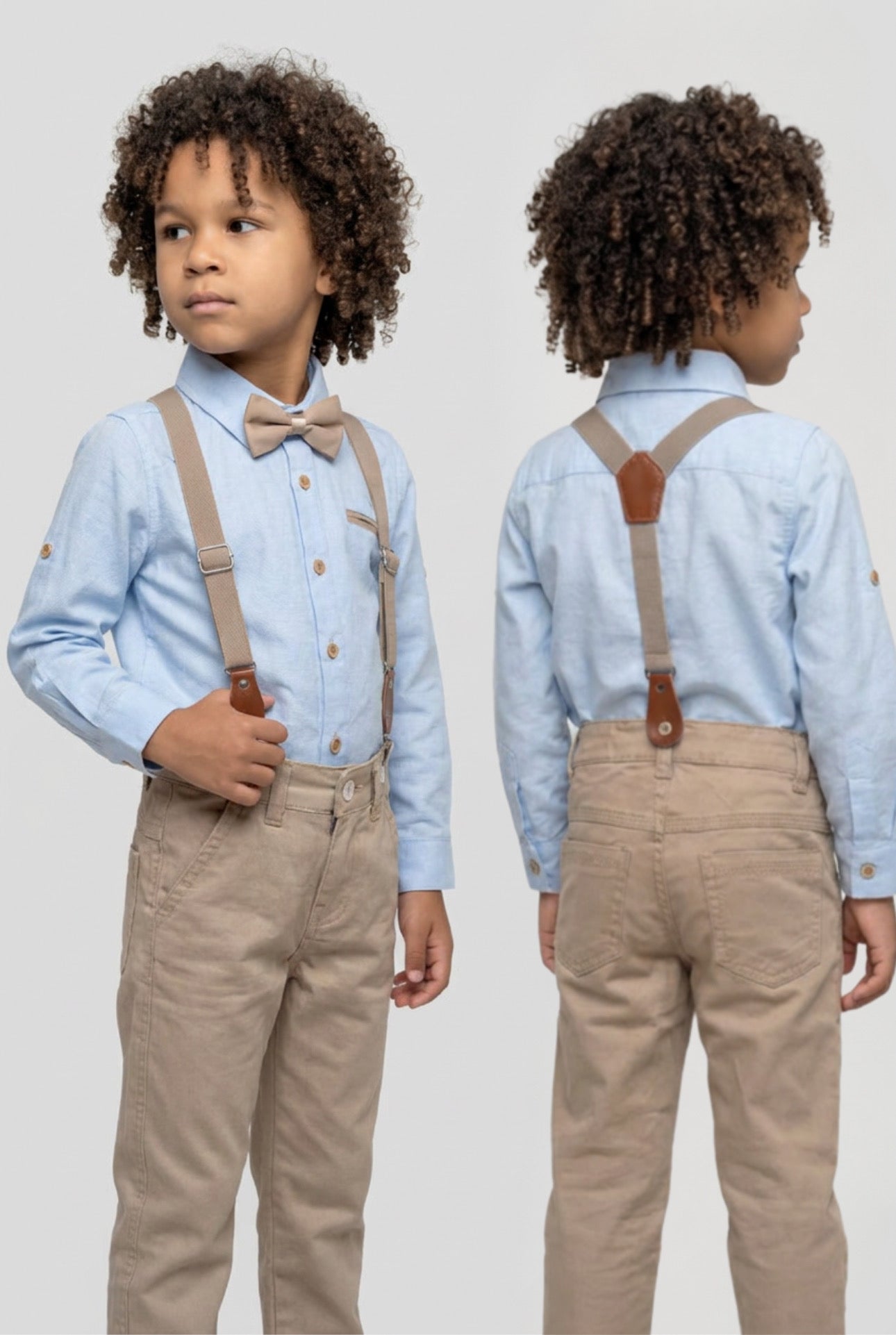 Boys 4-Piece Cotton Gentleman Outfit Set - Light Blue & Beige Front And Back Picture