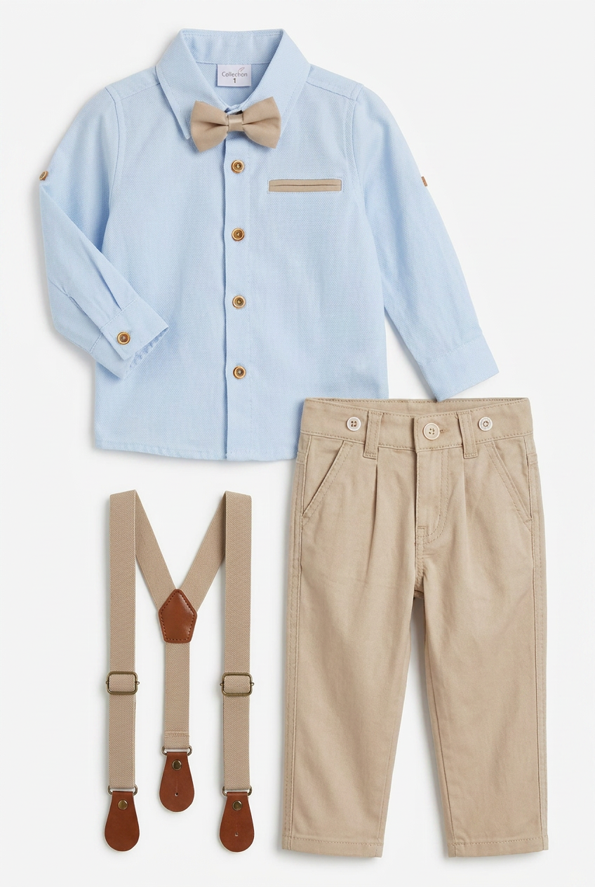 Boys 4-Piece Cotton Gentleman Outfit Set - Light Blue & Beige Picture