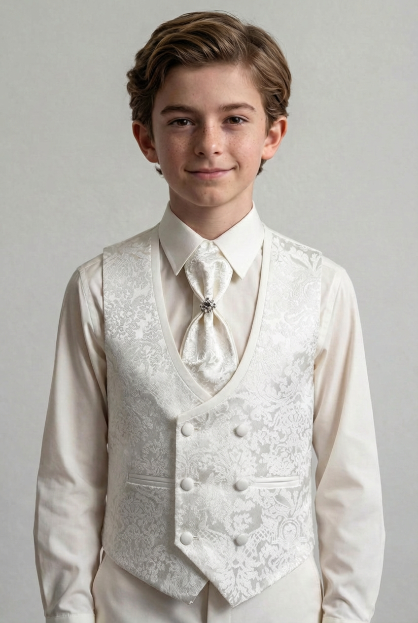 Conjunto para niños de 4 piezas: chaleco jacquard con diseño de cachemira y corbatín - Marfil damasco