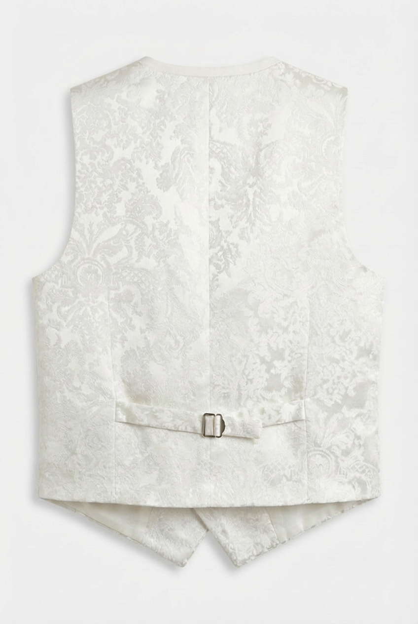 Conjunto para niños de 4 piezas: chaleco jacquard con diseño de cachemira y corbatín - Marfil damasco