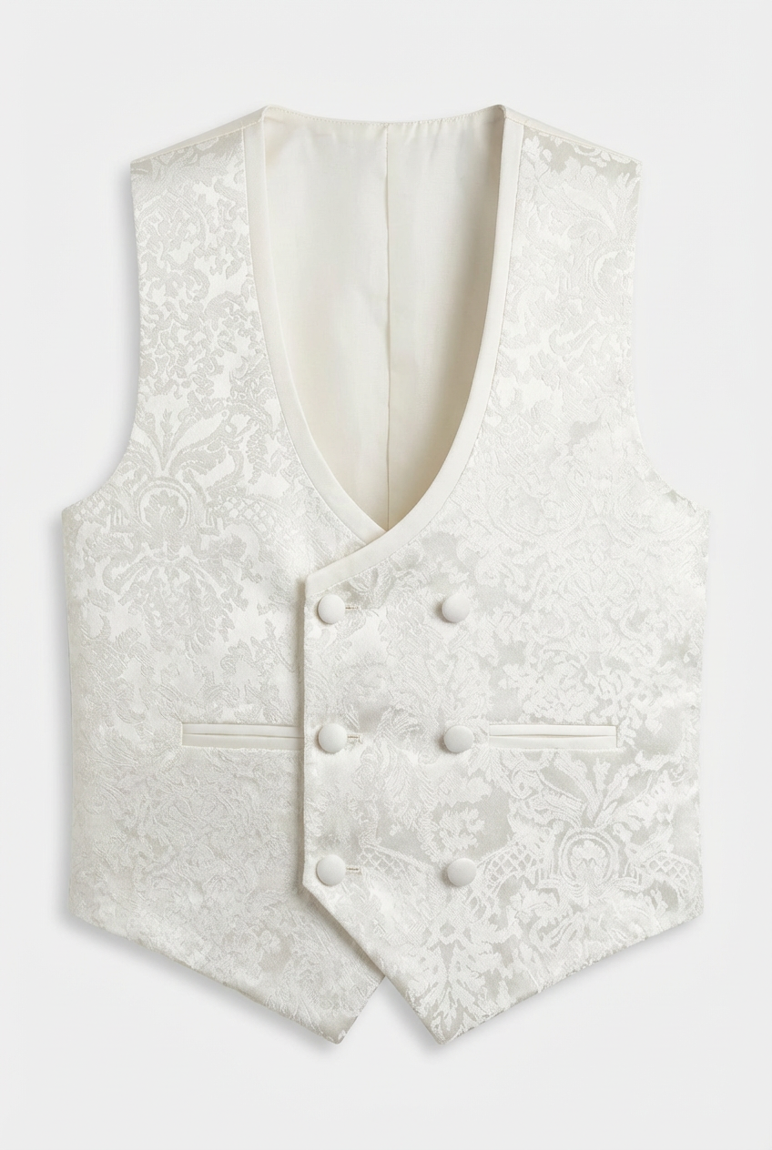 Conjunto para niños de 4 piezas: chaleco jacquard con diseño de cachemira y corbatín - Marfil damasco