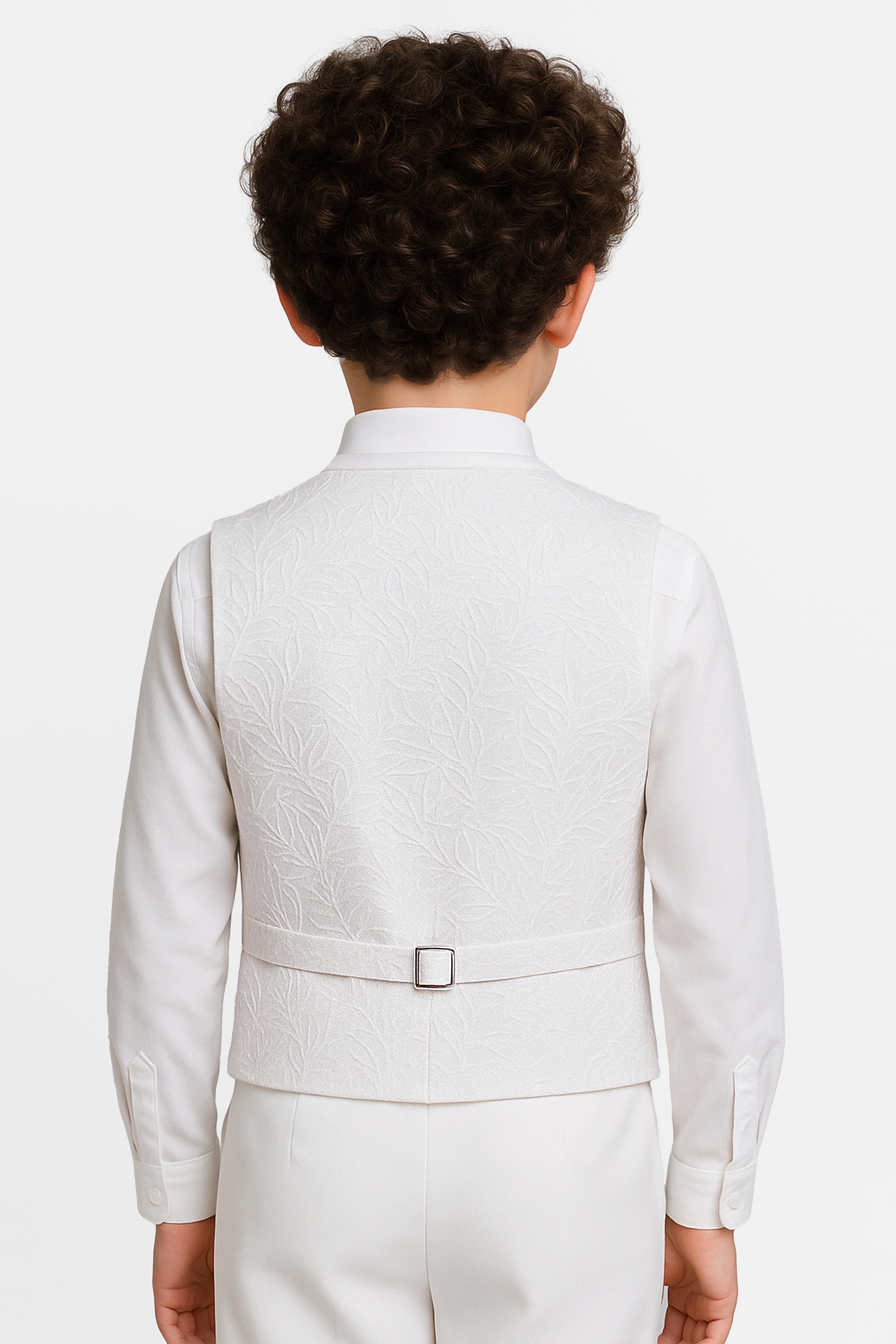 Conjunto para niños de 4 piezas: chaleco jacquard con diseño de cachemira y corbatín - Blanco