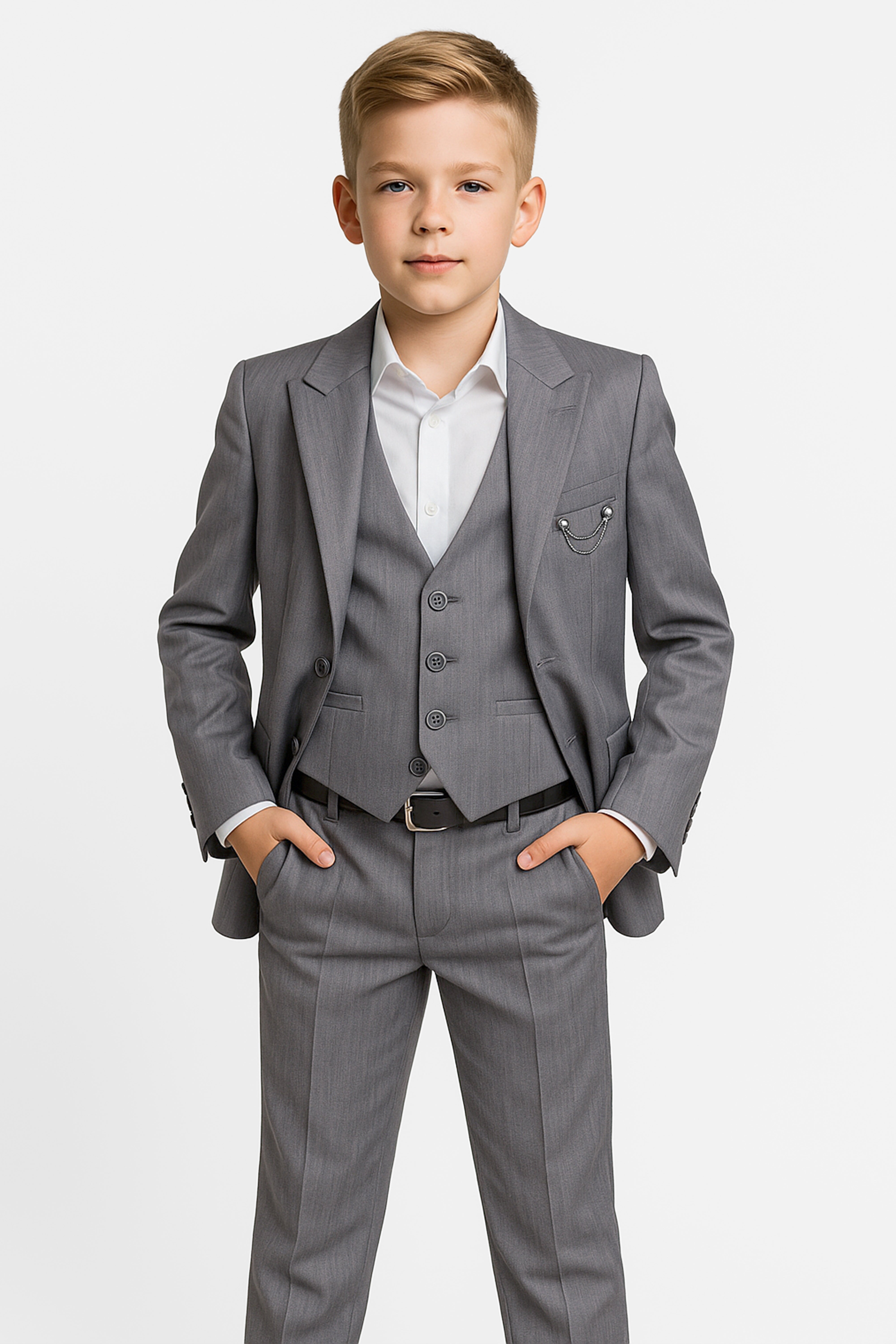 Boys 4-Piece Slim Fit Twill Suit -GREY