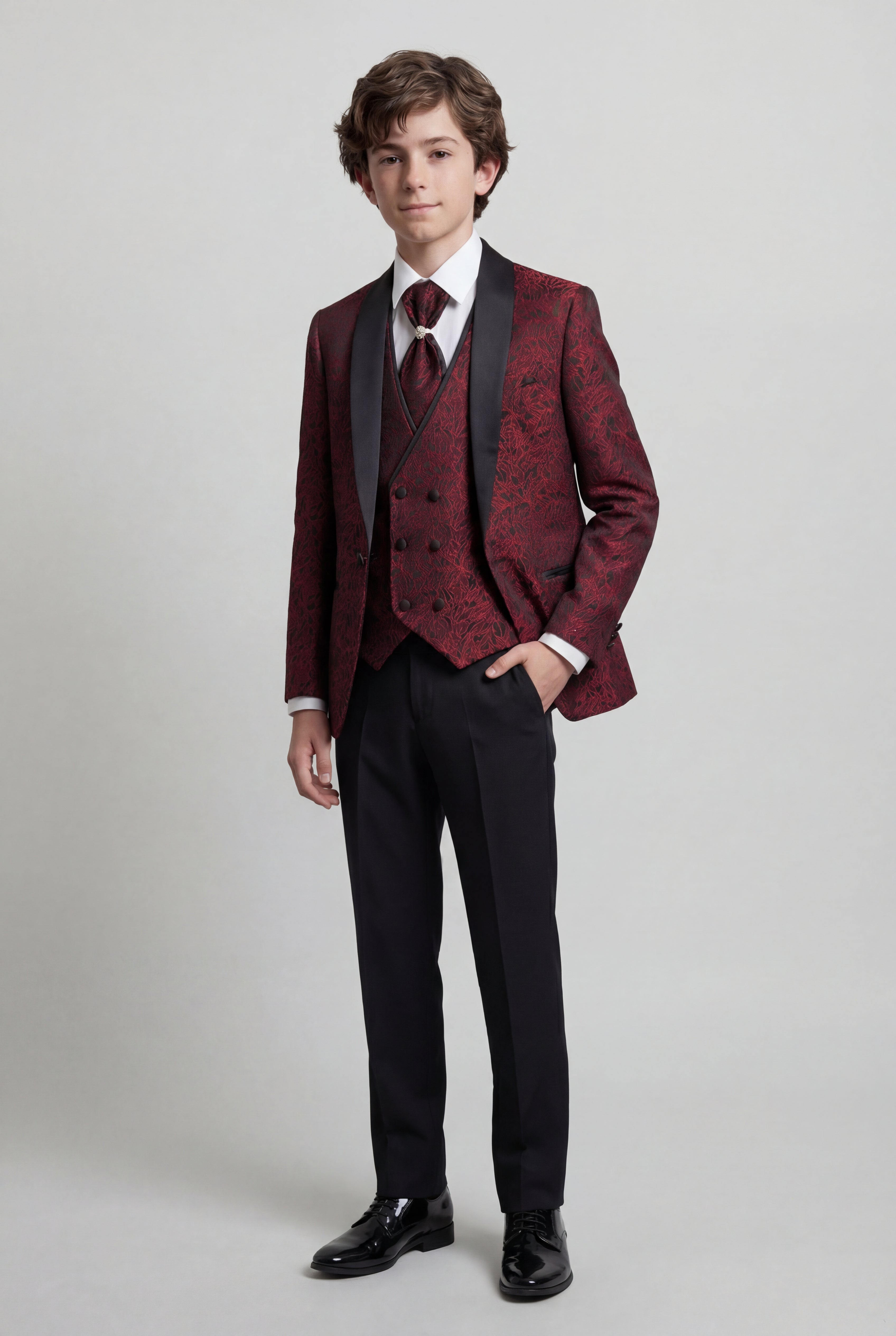 Boys 5-Piece Burgundy Jacquard Tuxedo Suit Model Picture