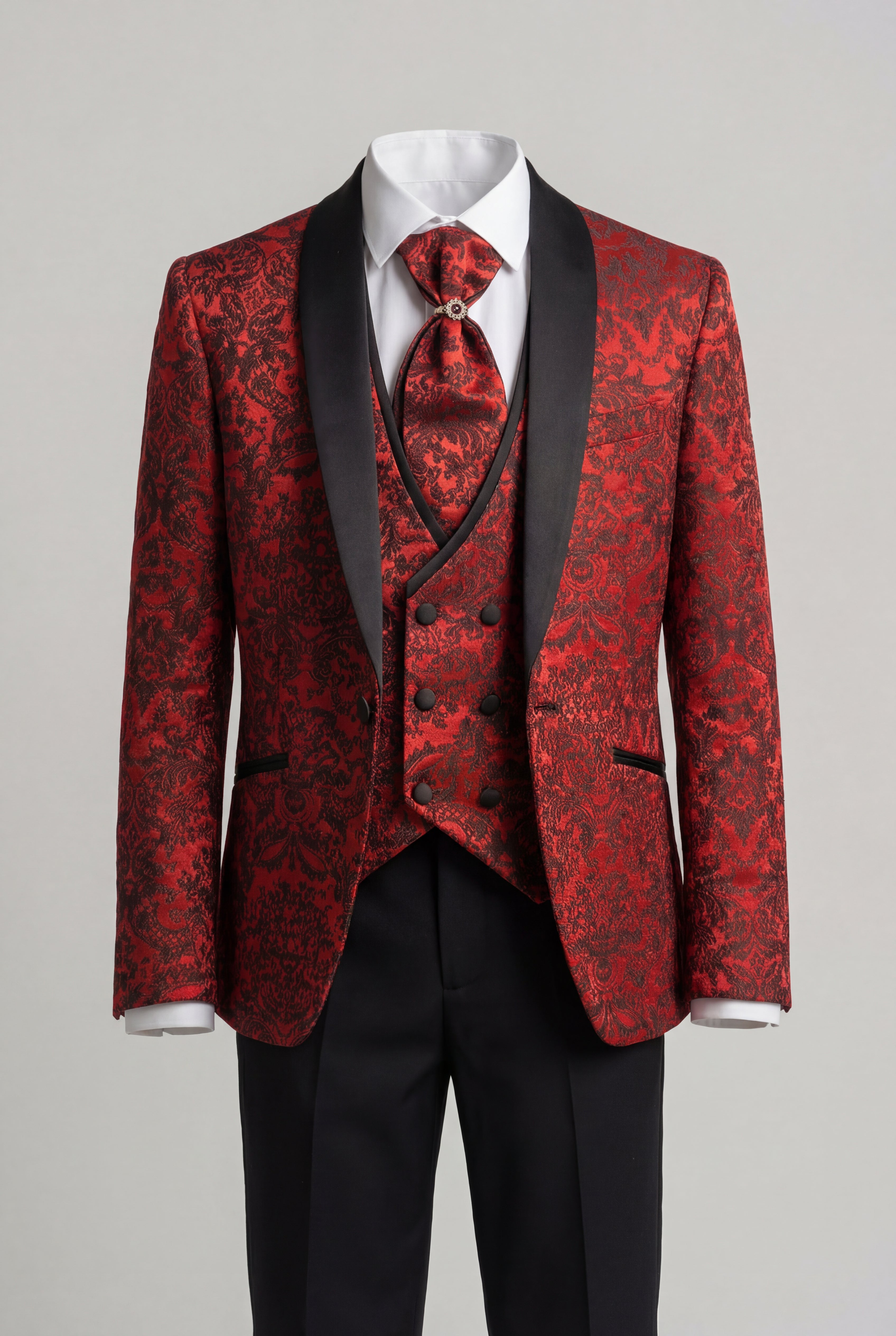Boys 5-Piece Damask Jacquard Tuxedo Suit - Red Mannequin Picture