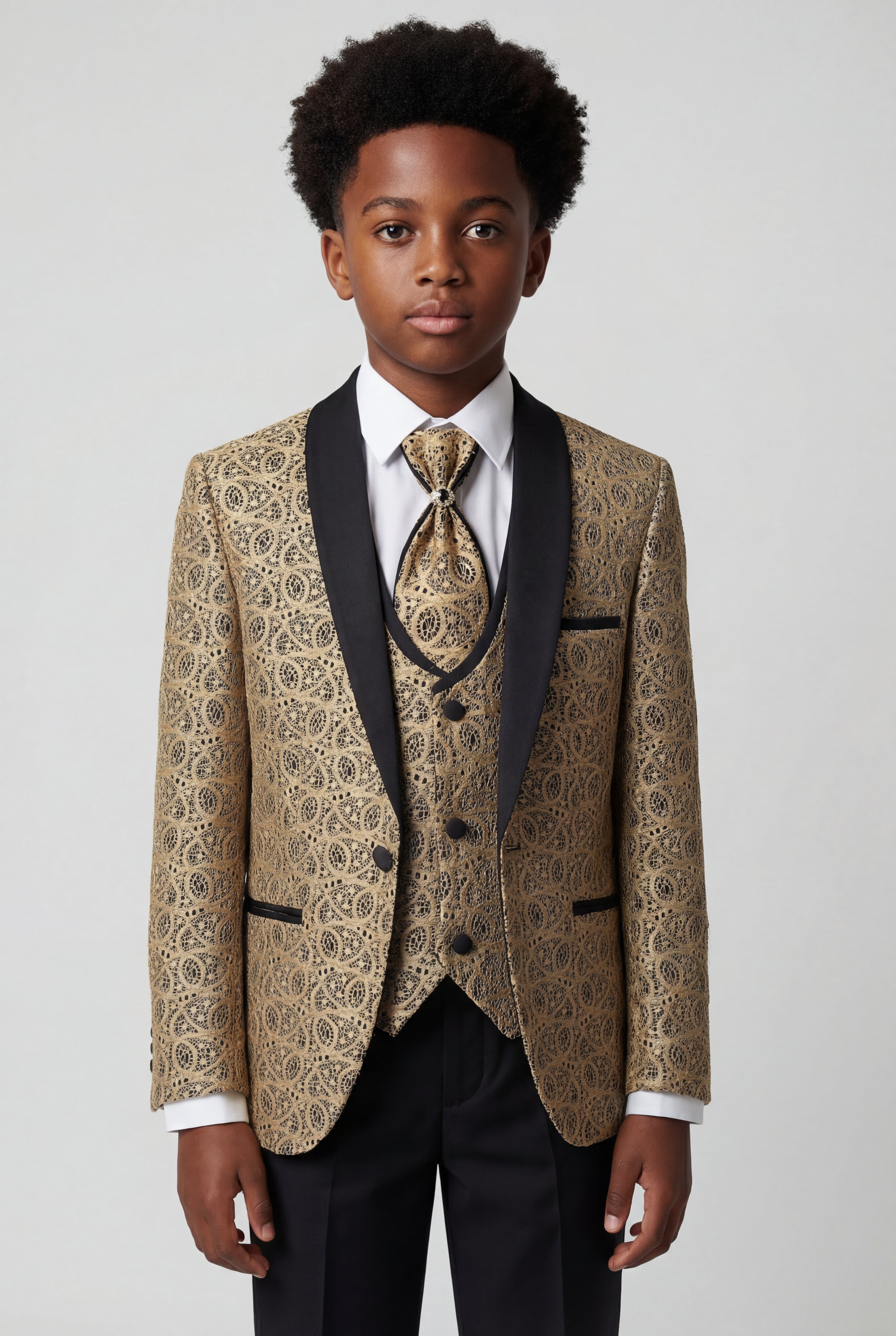Boys 5-Piece Gold Overlay Tuxedo Suit Model Picture
