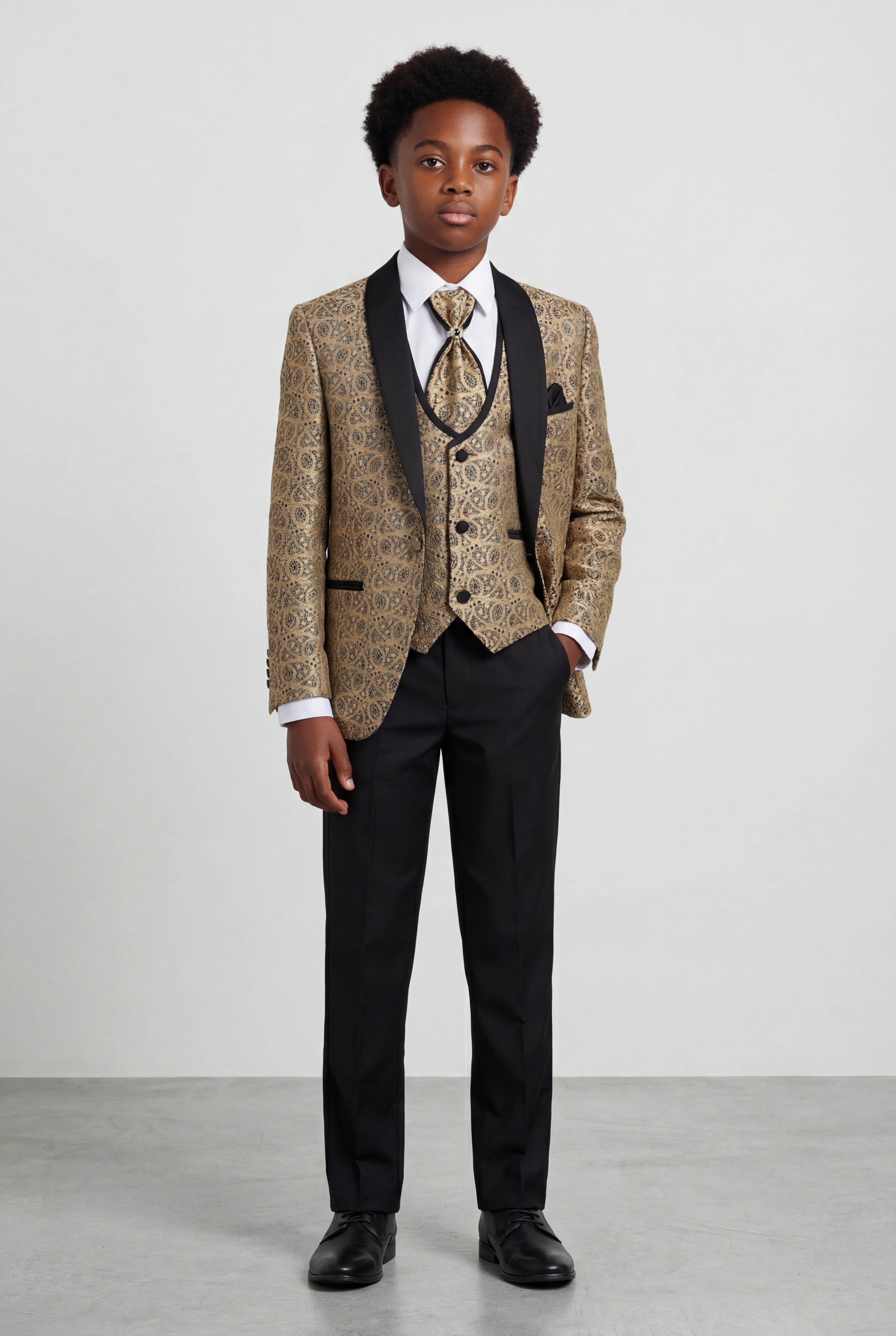 Boys 5-Piece Gold Overlay Tuxedo Suit Model Front Picture