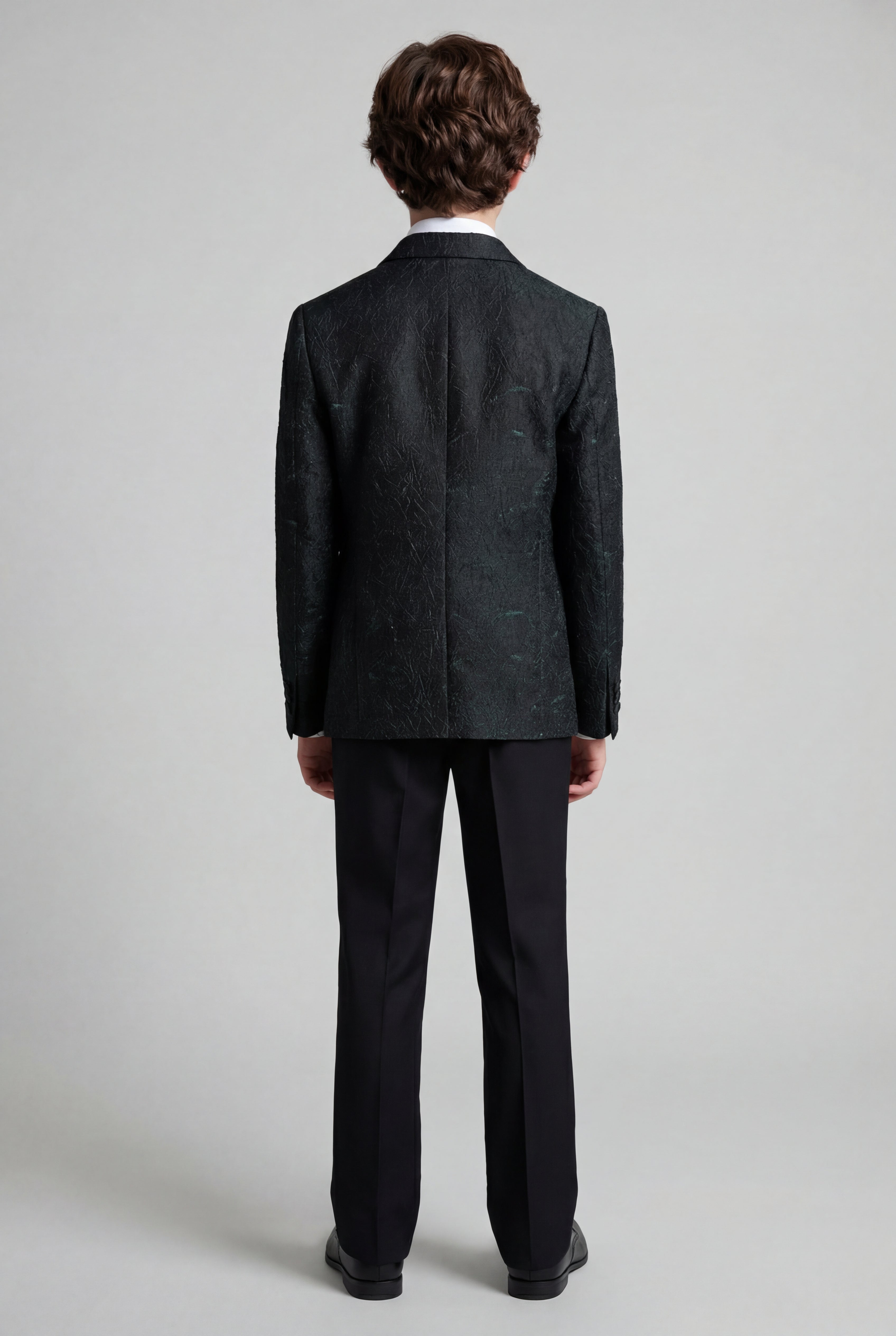 Boys 5-Piece Green Jacquard Tuxedo Suit Model Back Pucture