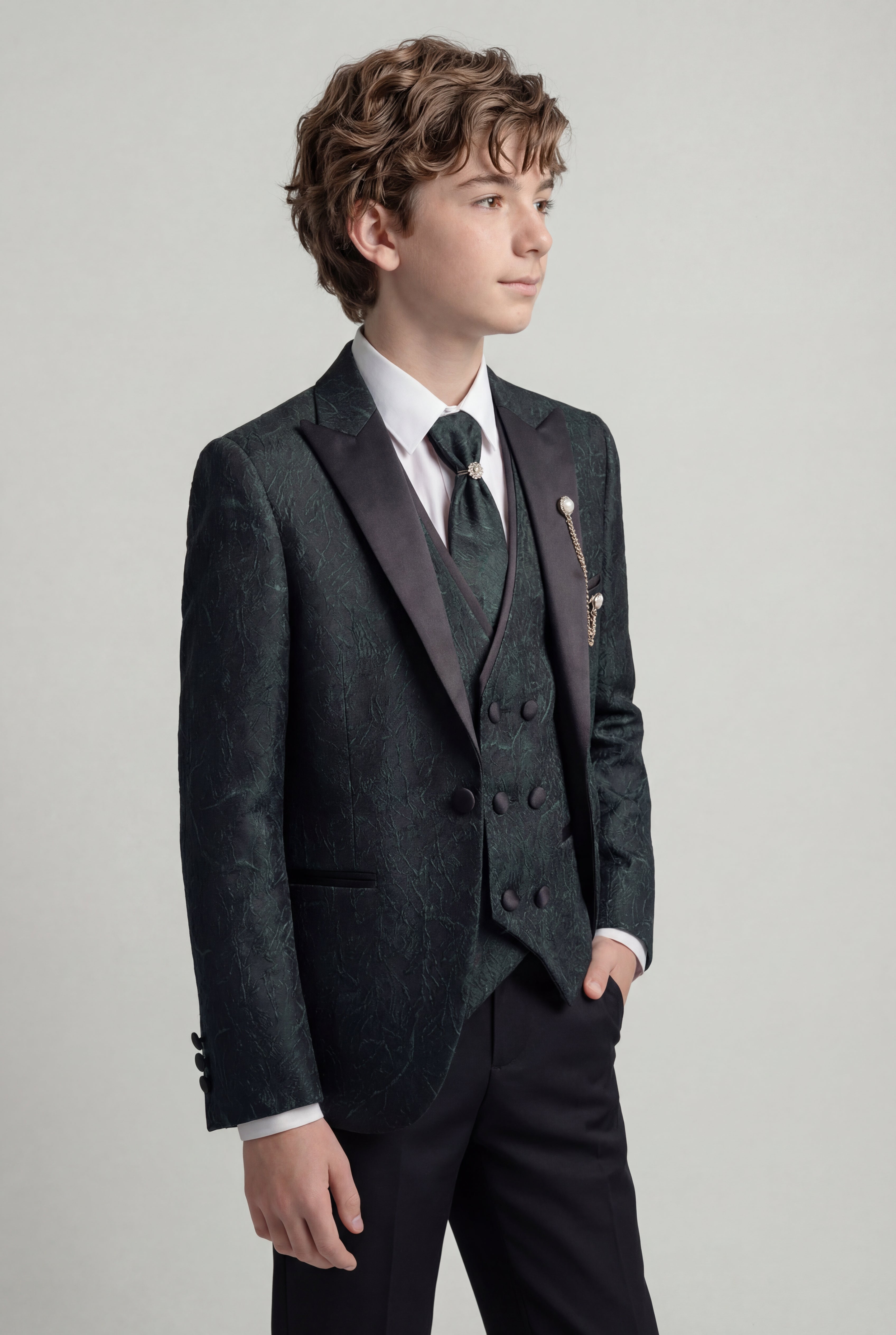 Boys 5-Piece Green Jacquard Tuxedo Suit Model Side Picture