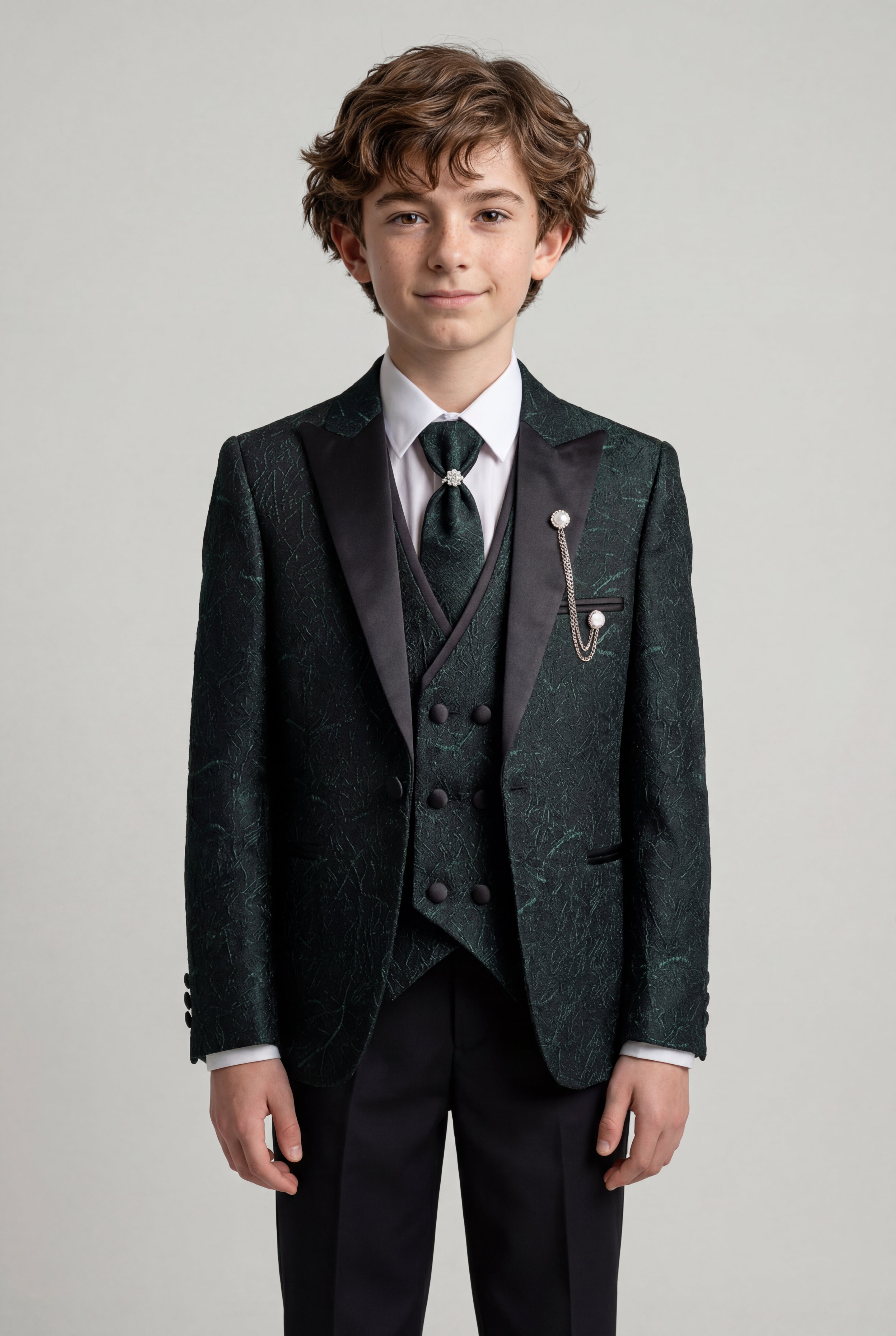 Boys 5-Piece Green Jacquard Tuxedo Suit Model Picture