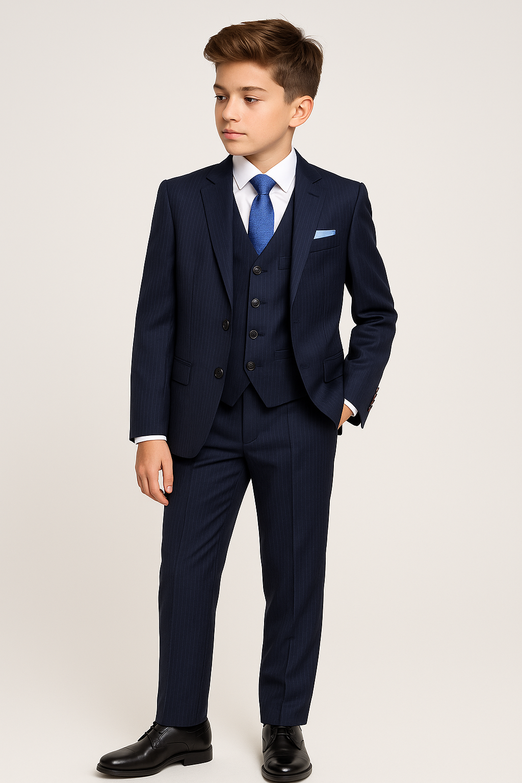 Boys 5-Piece Herringbone Pinstripe Suit - Dawson - Navy Blue Model Picture