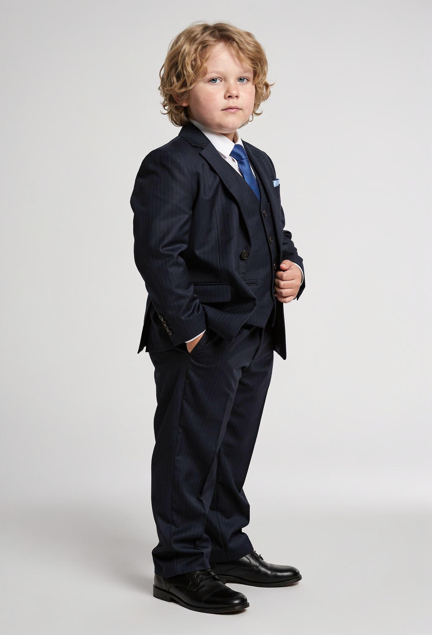 Boys 5-Piece Herringbone Pinstripe Suit - Dawson - Navy Blue Side Picture