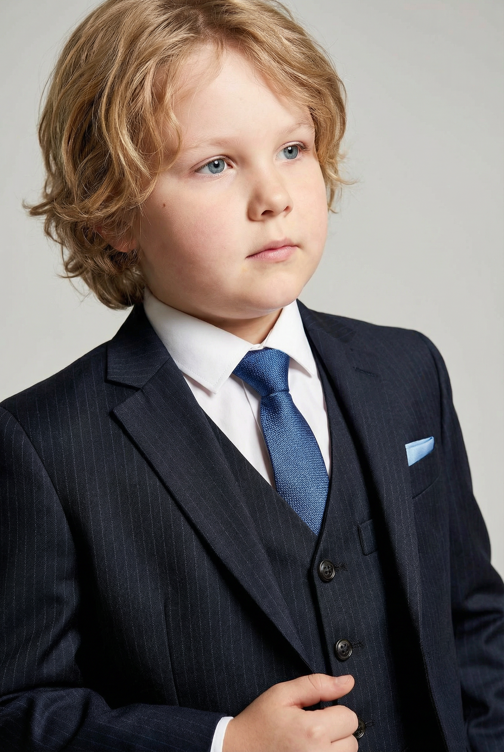 Boys 5-Piece Herringbone Pinstripe Suit - Dawson - Navy Blue Detail