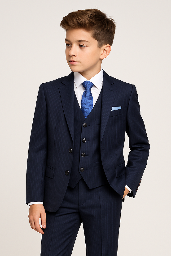 Boys 5-Piece Herringbone Pinstripe Suit - Dawson - Navy Blue