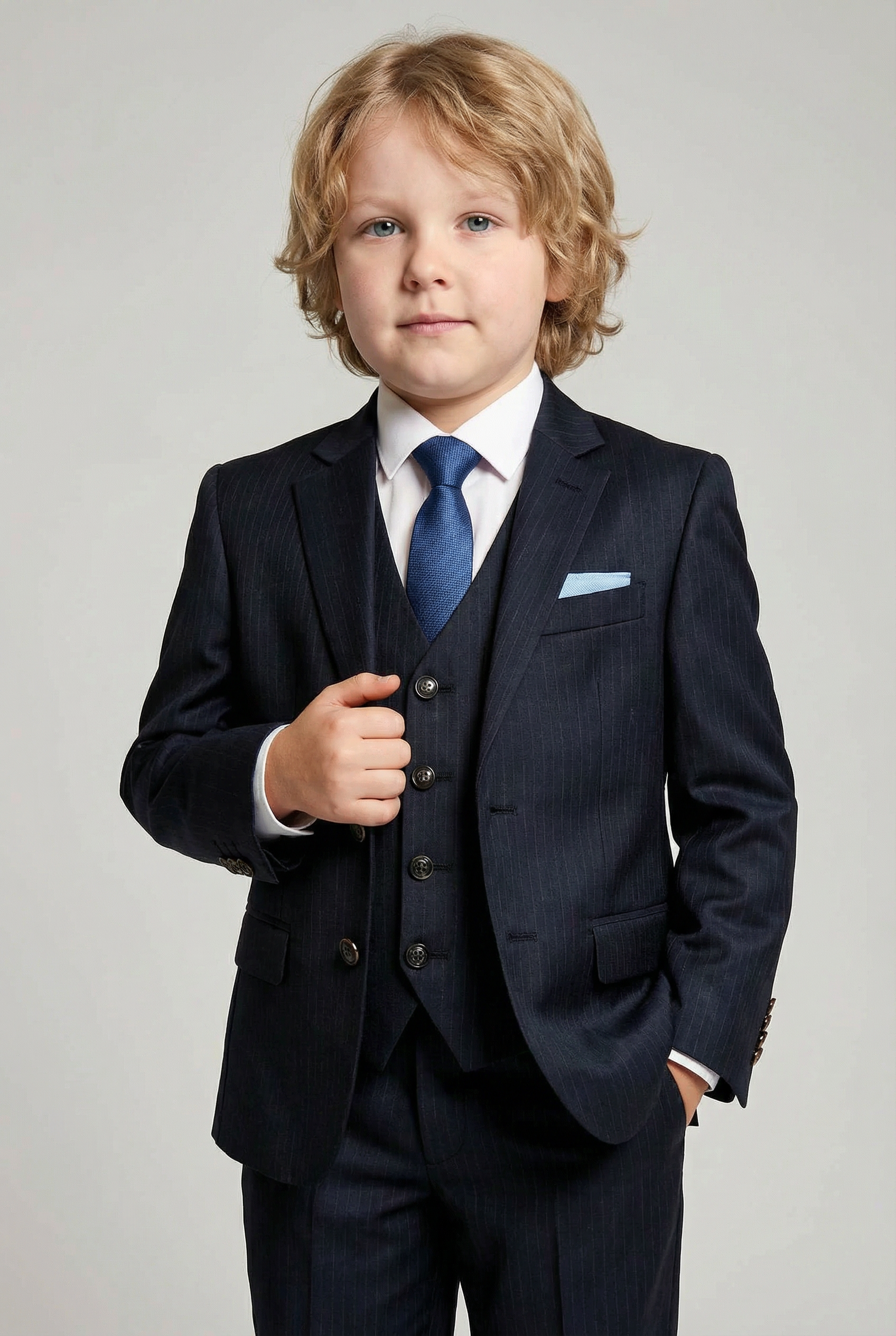 Boys 5-Piece Herringbone Pinstripe Suit - Dawson - Navy Blue Model Picture