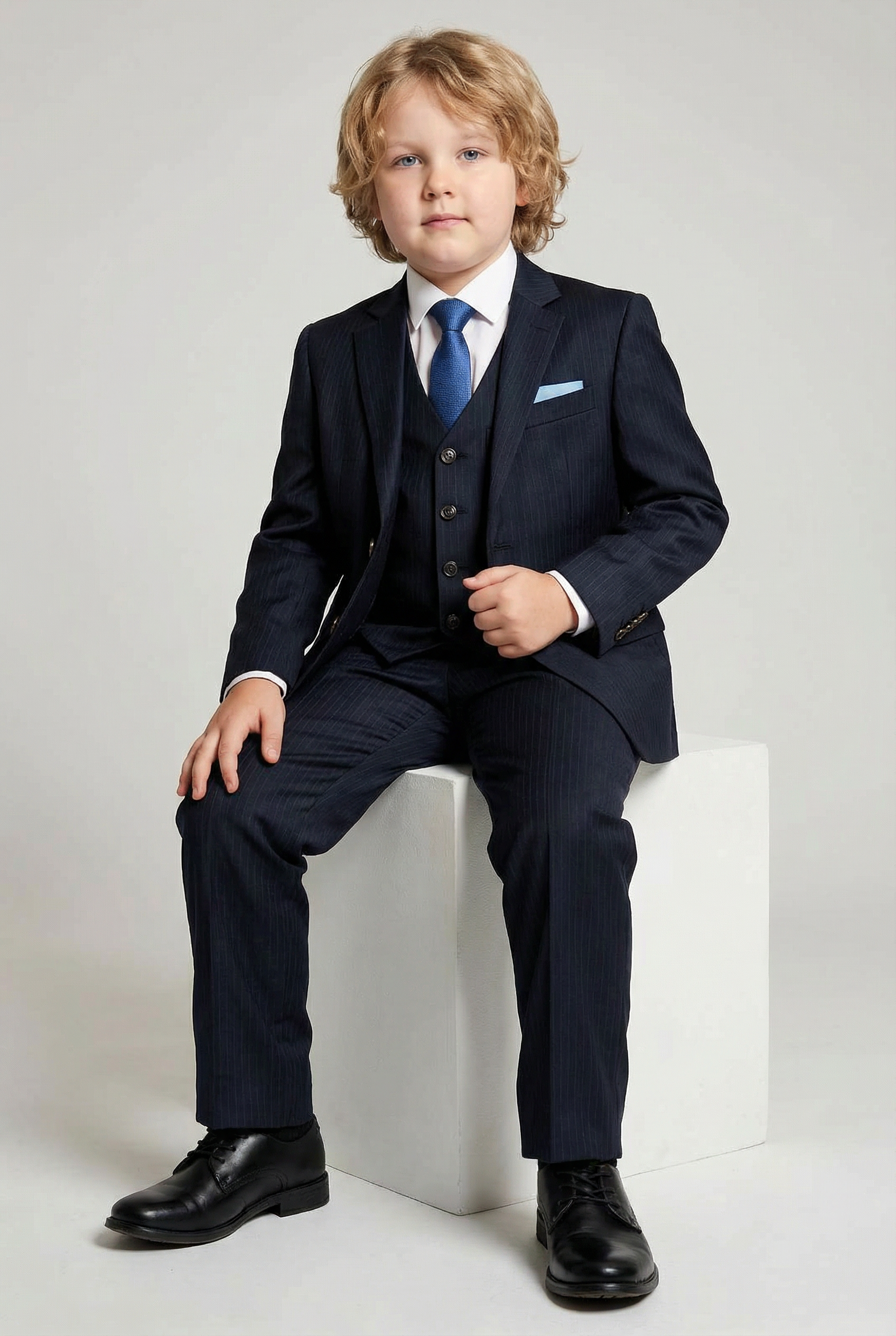 Boys 5-Piece Herringbone Pinstripe Suit - Dawson - Navy Blue