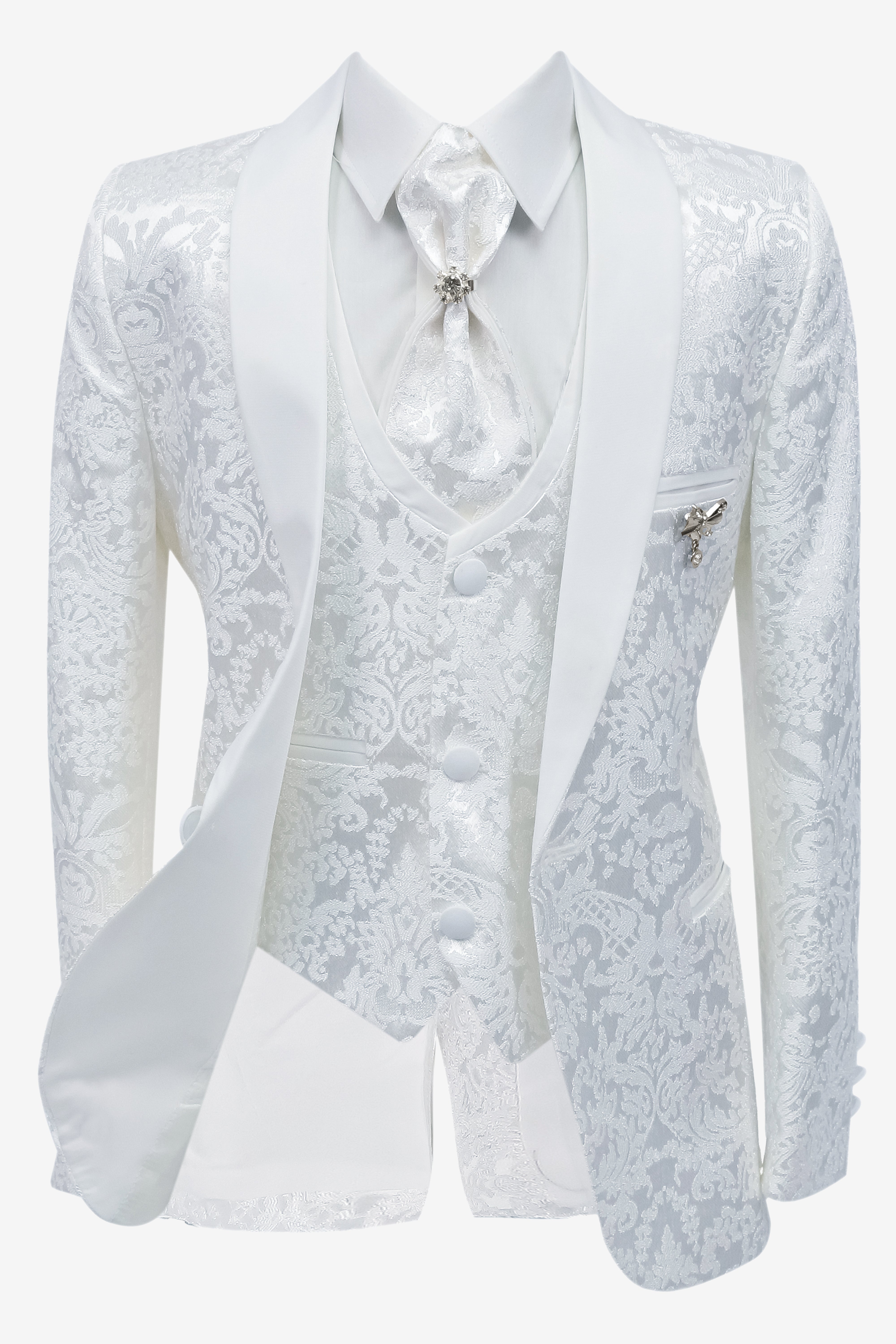 Boys 5-Piece Jacquard Paisley Communion Tuxedo Suit - White Front Open Picture