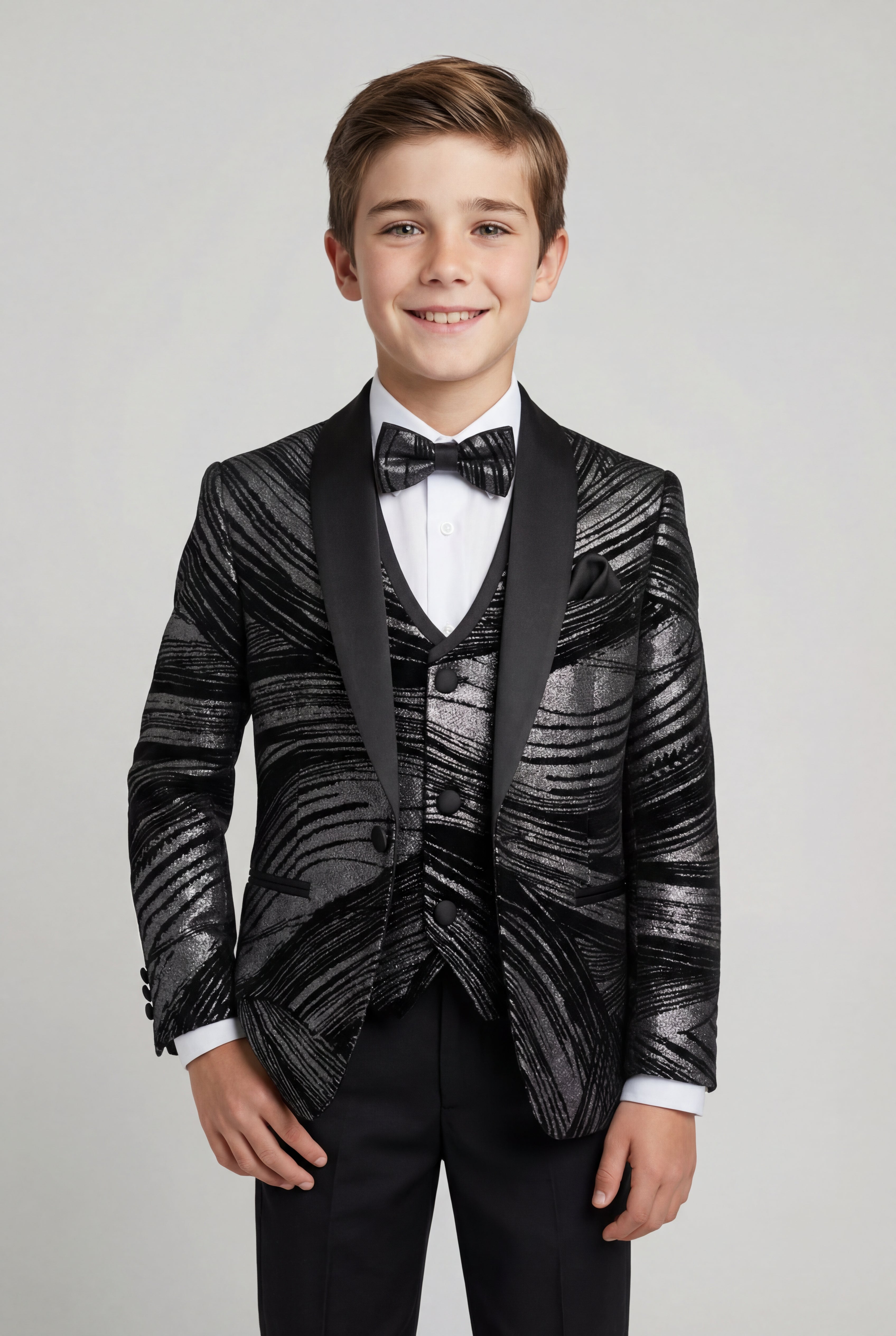 Boys 5-Piece Metallic Jacquard Tuxedo Suit - Black and SilverModel Picture