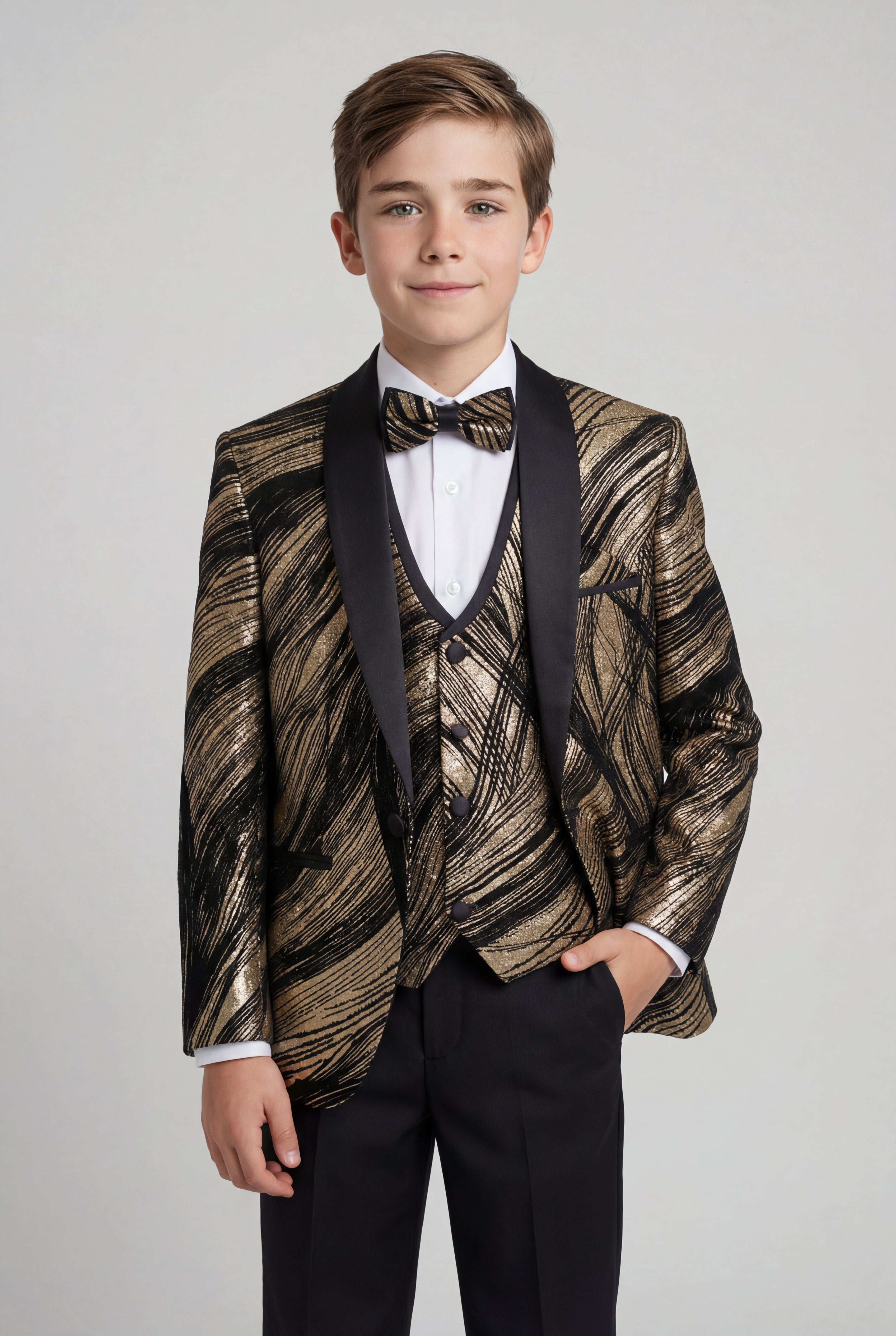 Boys 5-Piece Metallic Jacquard Tuxedo Suit - Gold Model Picture