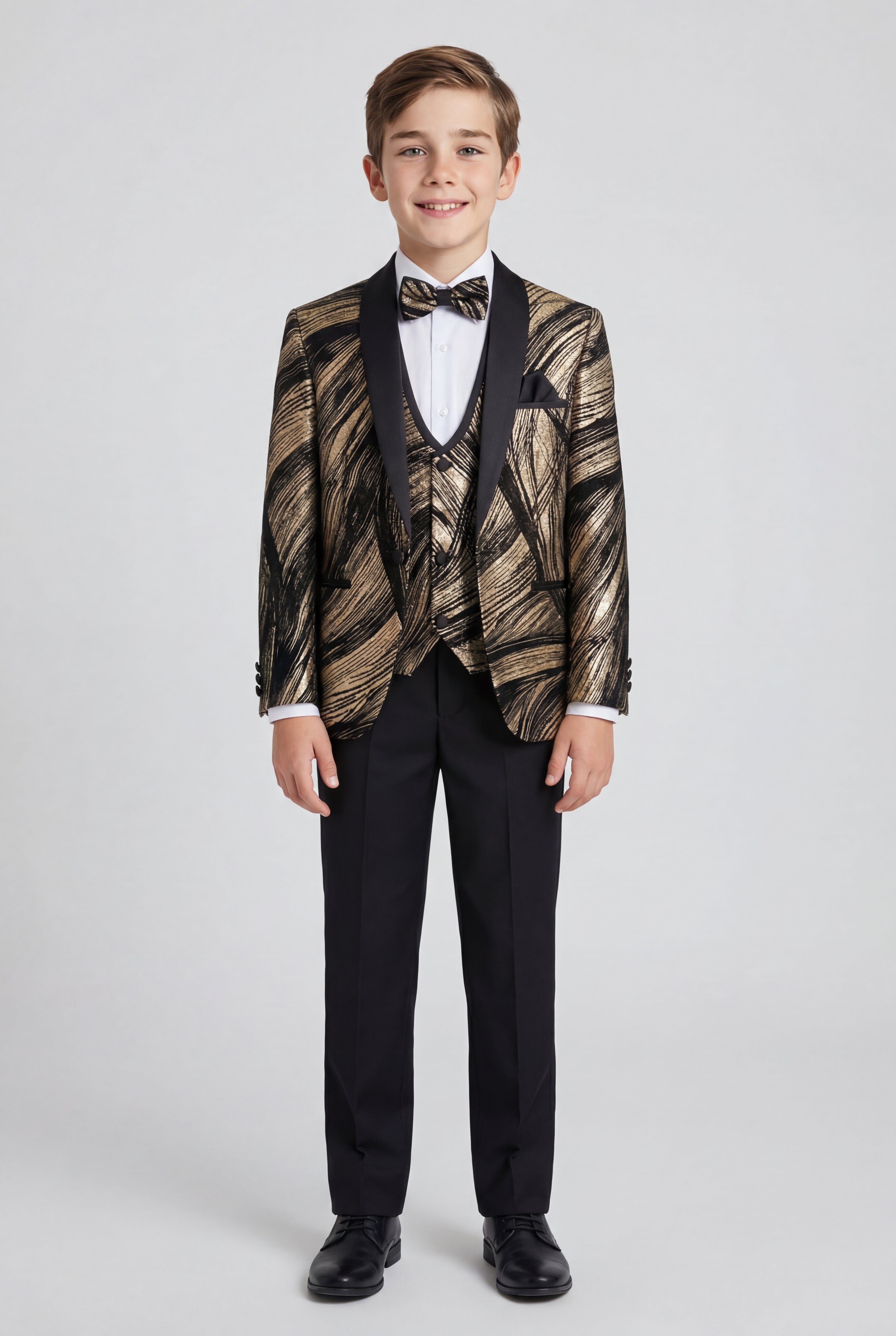 Boys 5-Piece Metallic Jacquard Tuxedo Suit - Gold Model Front Picture