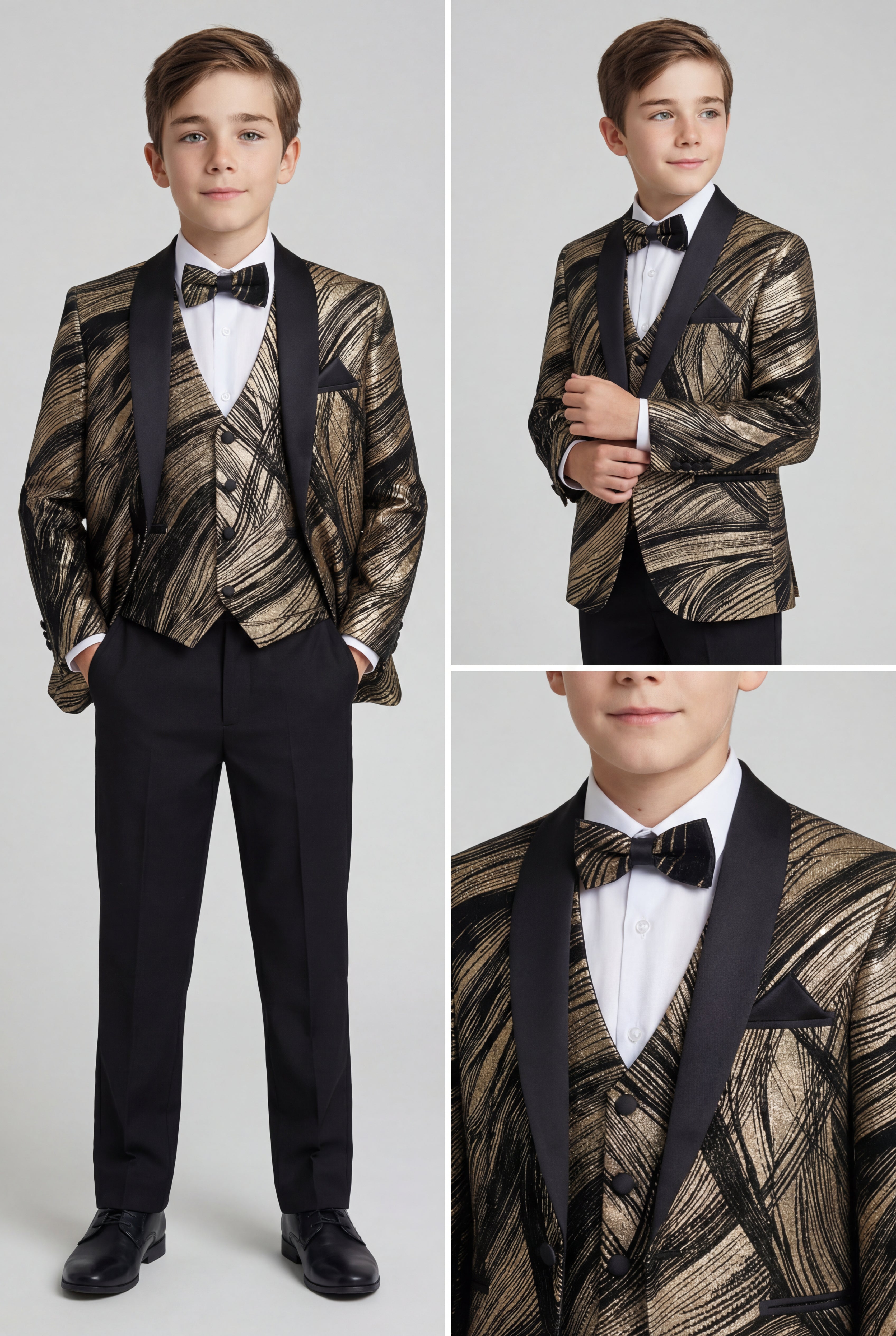 Boys 5-Piece Metallic Jacquard Tuxedo Suit - Gold