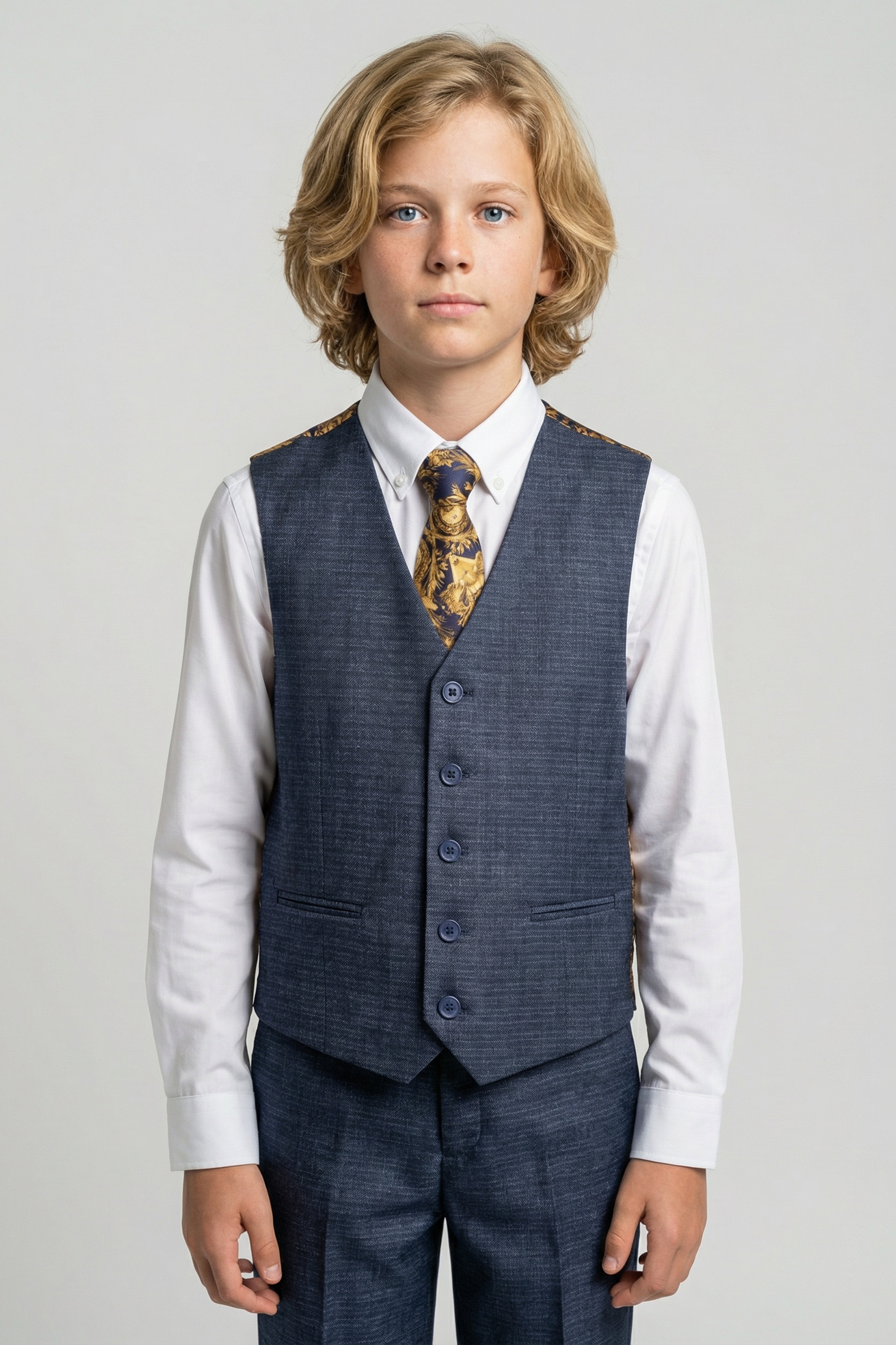 Boys 5-Piece Micro Check Twill Suit - Marcus - Grey Waitscoat Model Picture