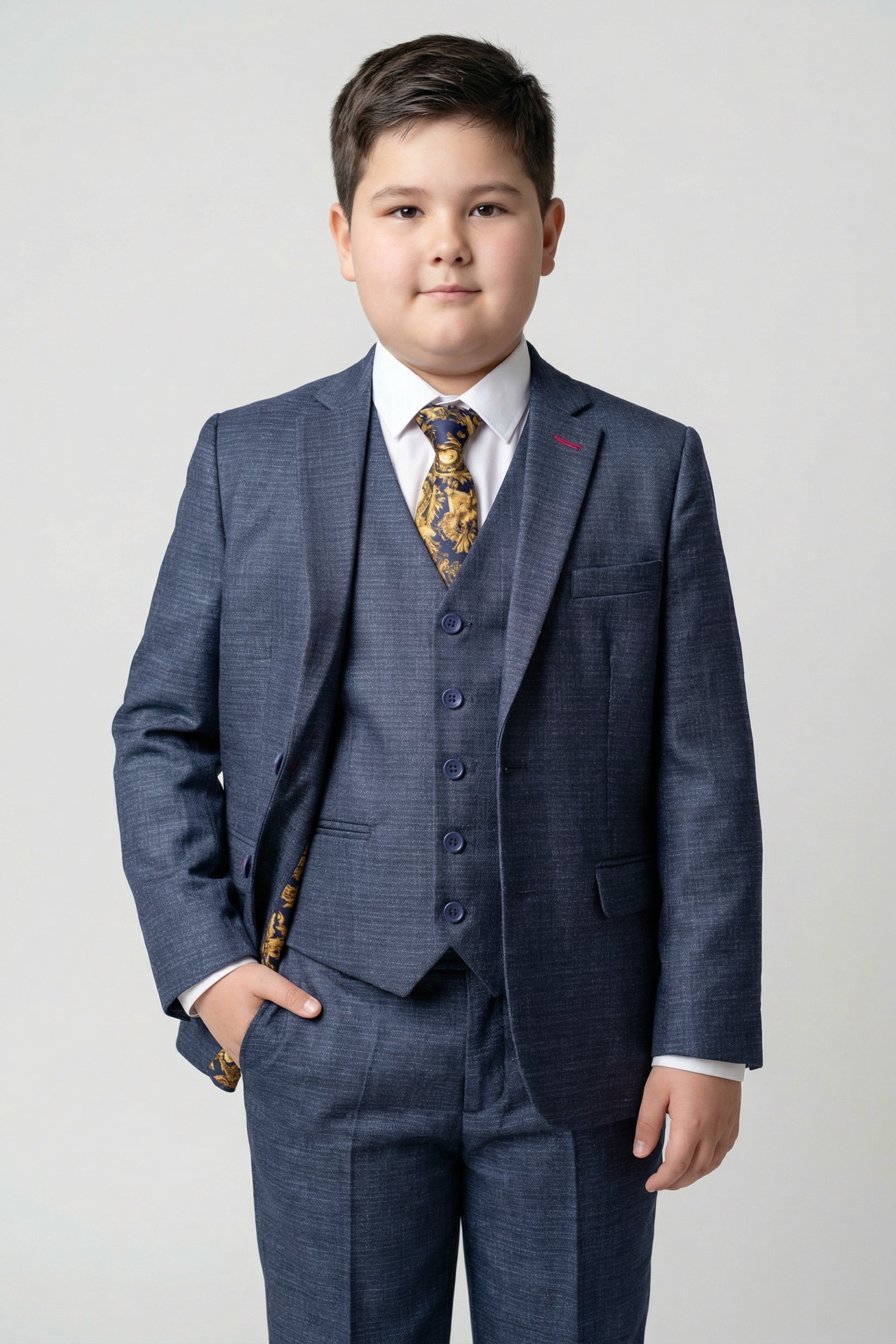 Boys 5-Piece Micro Check Twill Suit - Marcus - Grey Husky Size Model Picture