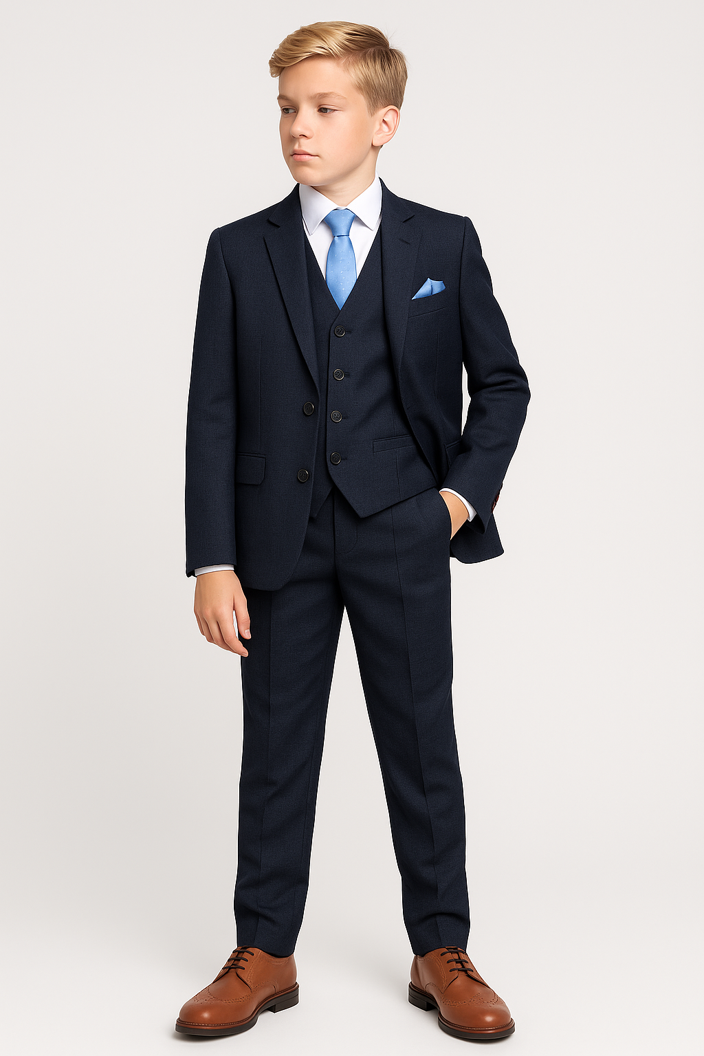 Boys 5-Piece Microcheck Formal Suit - Alejandro - Navy Blue Front Picture