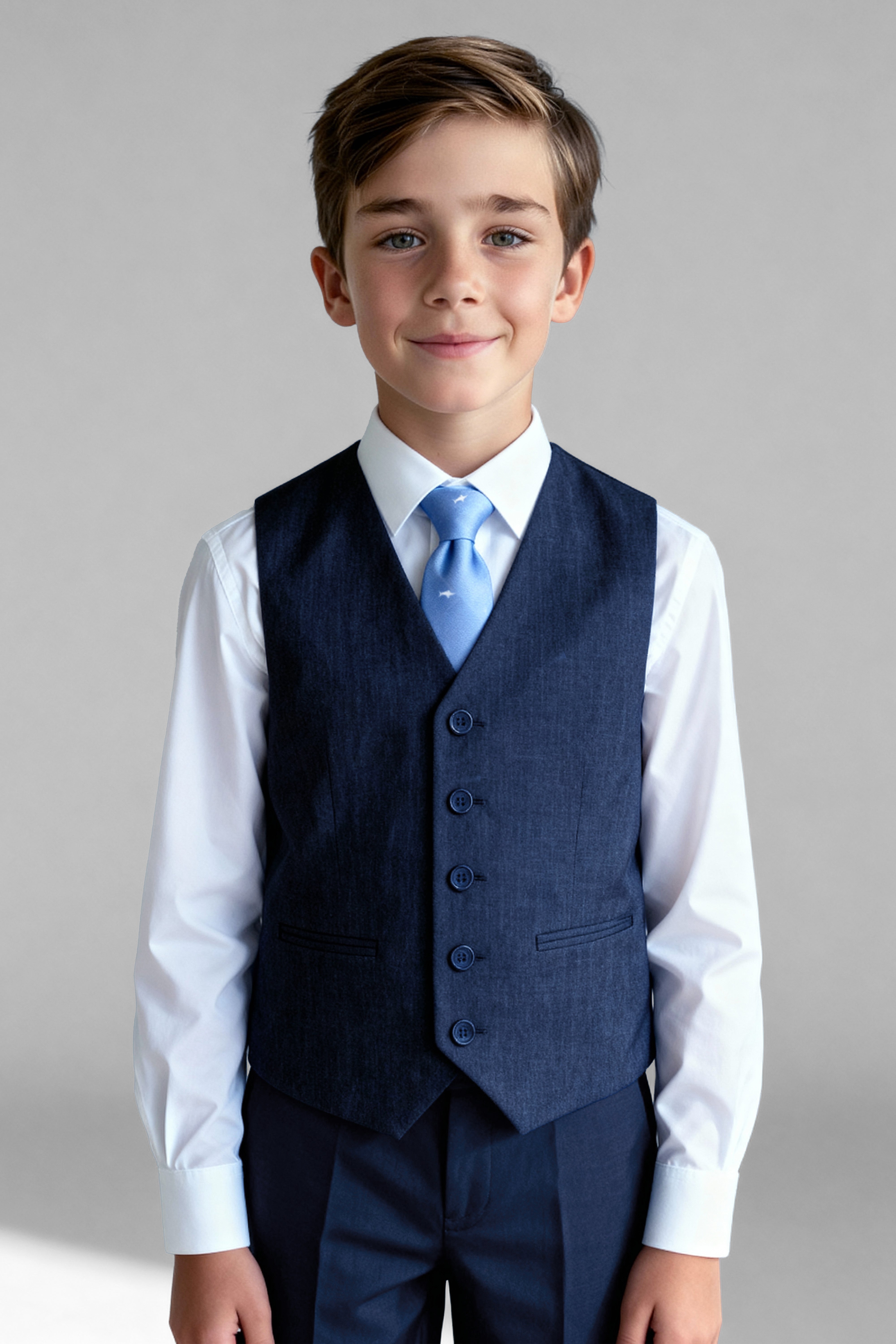 Boys 5-Piece Microcheck Formal Suit - Alejandro - Navy Blue Waistcoat Front Picture
