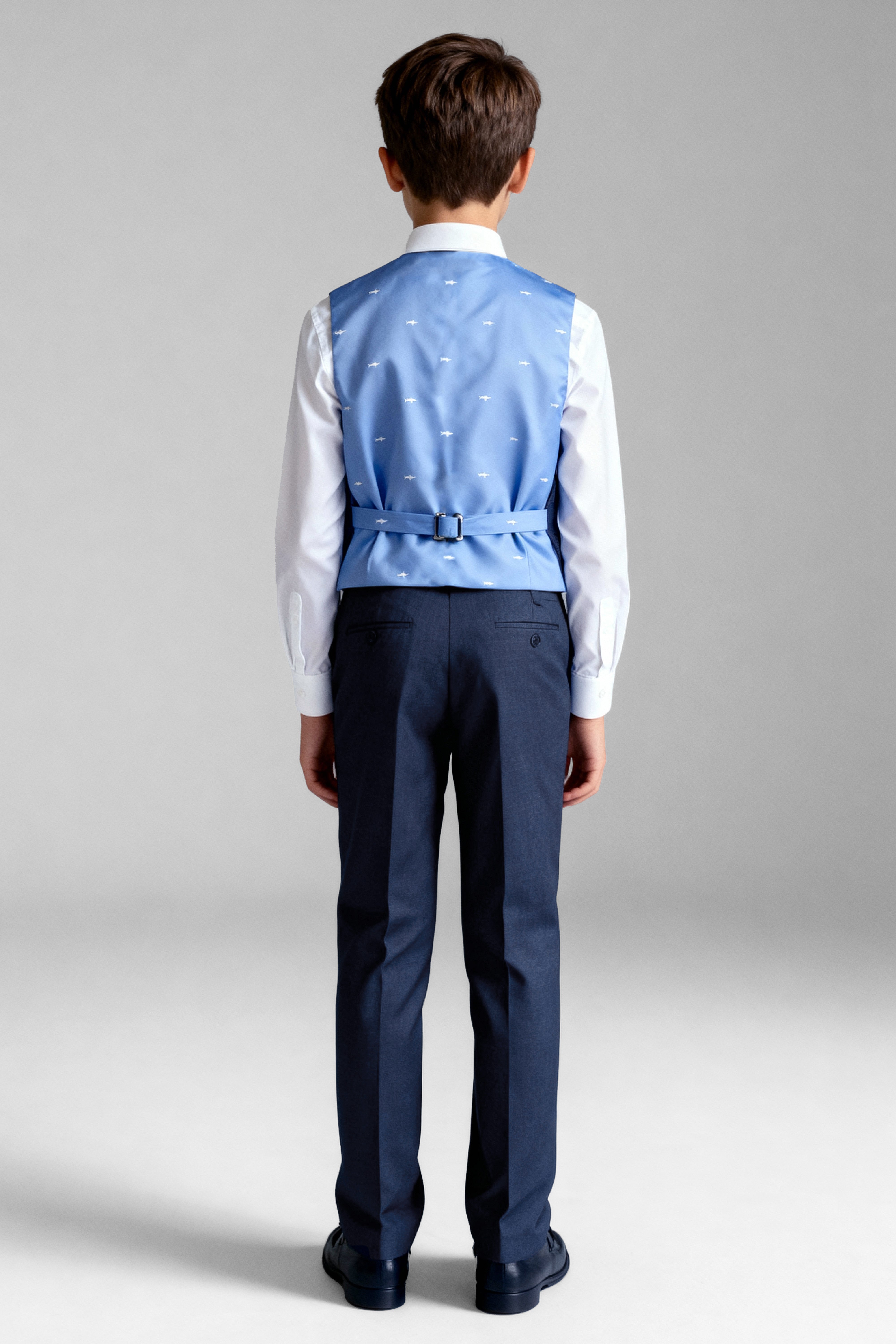 Boys 5-Piece Microcheck Formal Suit - Alejandro - Navy Blue Waisrcoat Back Picture