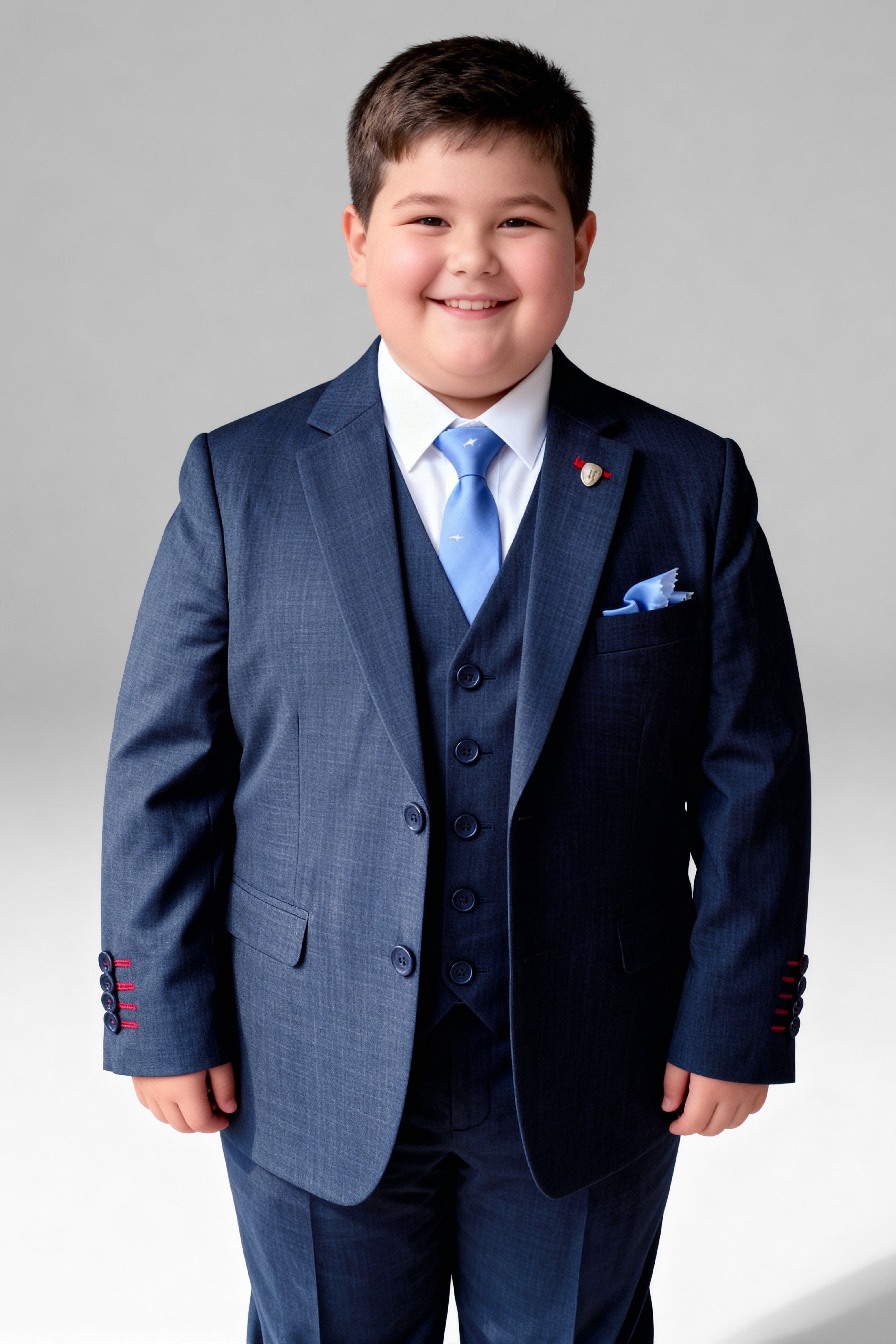Boys 5-Piece Microcheck Formal Suit - Alejandro - Navy Blue Husky Size Model Picture